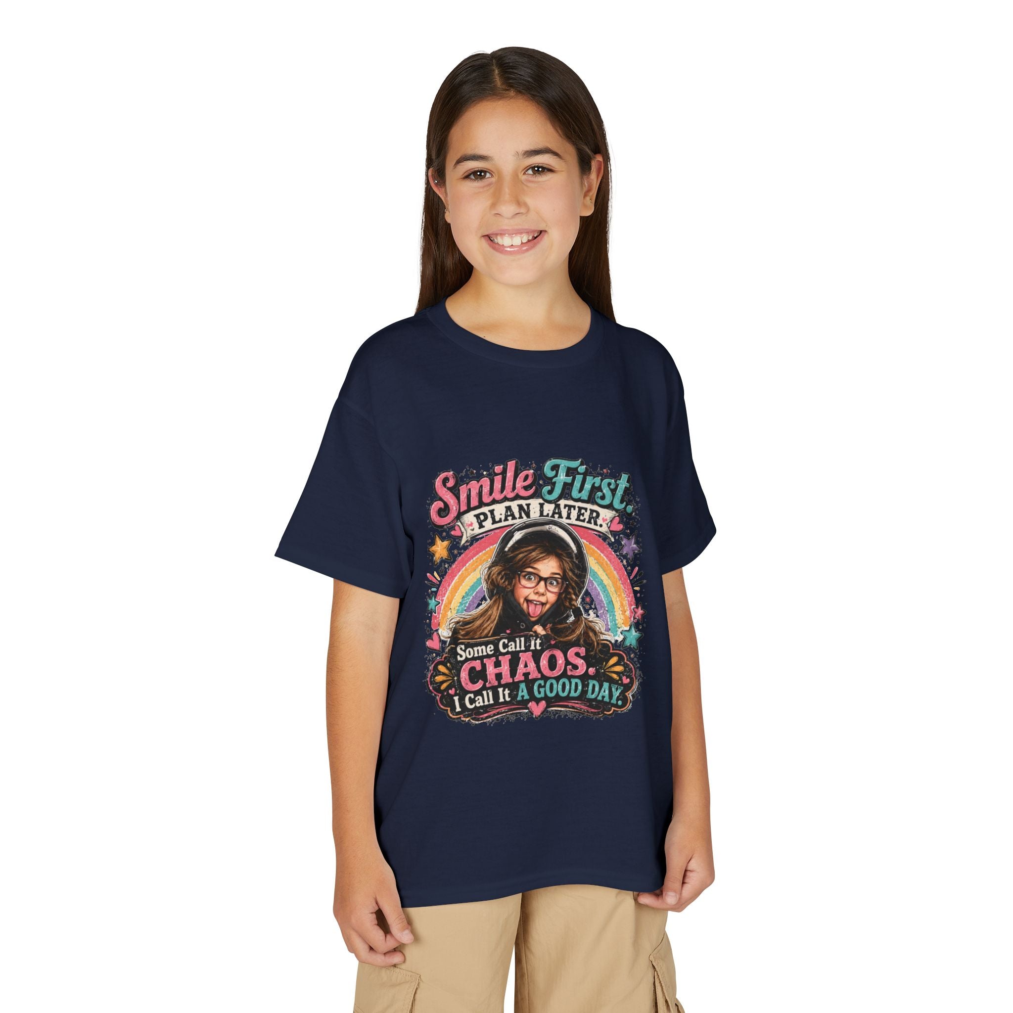 "Smile First, Plan Later" Funny Chaos Rainbow Kids Tee — Youth T-Shirt