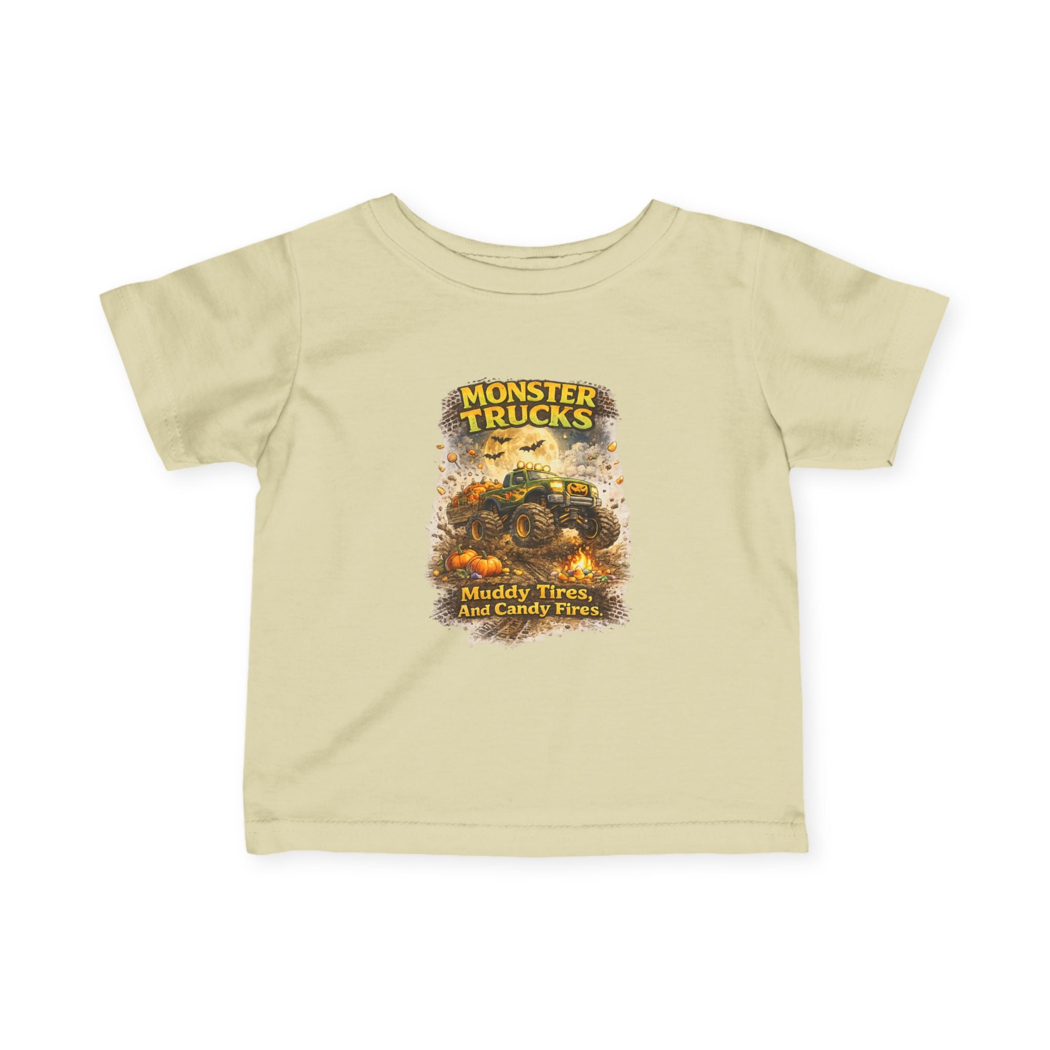 "Monster Trucks: Muddy Tires and Candy Flies" Cute Graphic Baby Shirt — Infant Tee