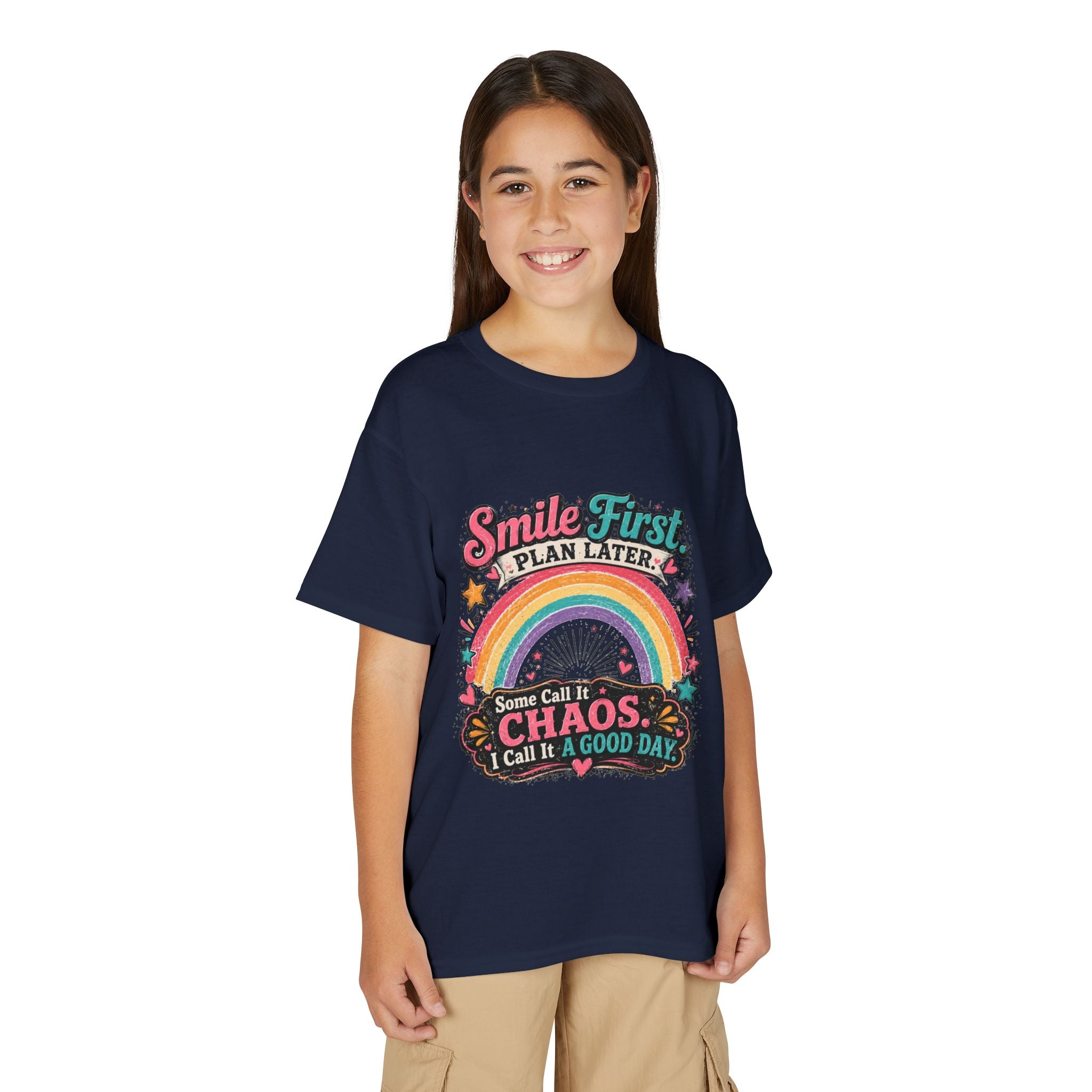 "Smile First, Plan Later" Rainbow Chaos Graphic Tee - Youth T-Shirt —