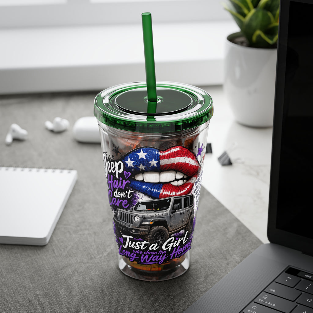 Jeep Girl 16oz Tumbler with Straw — American Flag Lips ‘Jeep Hair Don’t Care’ Design