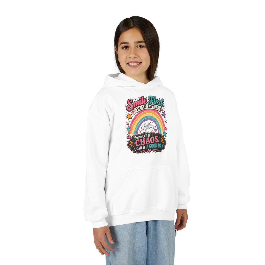 "Smile First, Plan Later" Rainbow Chaos Quote Pullover - Youth Hoodie -