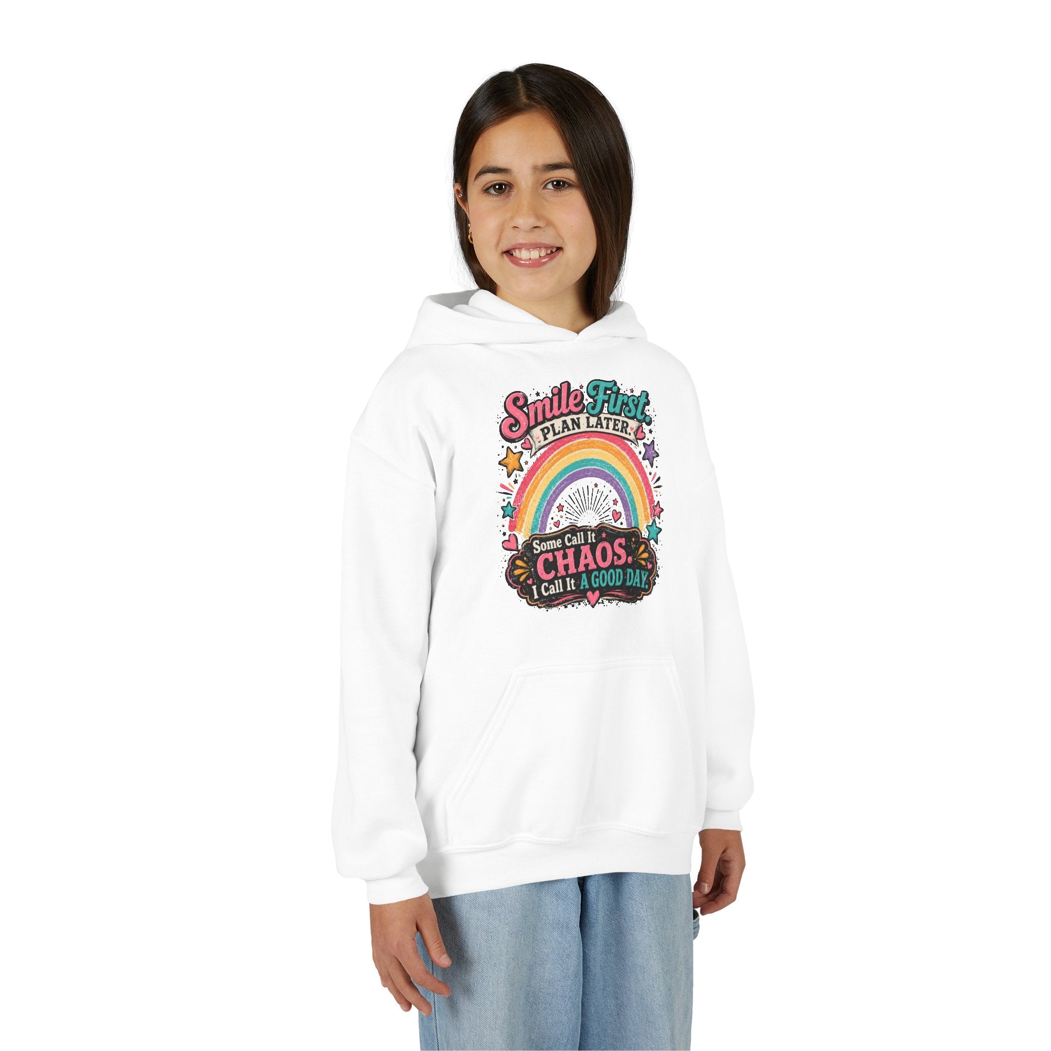 "Smile First, Plan Later" Rainbow Chaos Quote Pullover - Youth Hoodie -