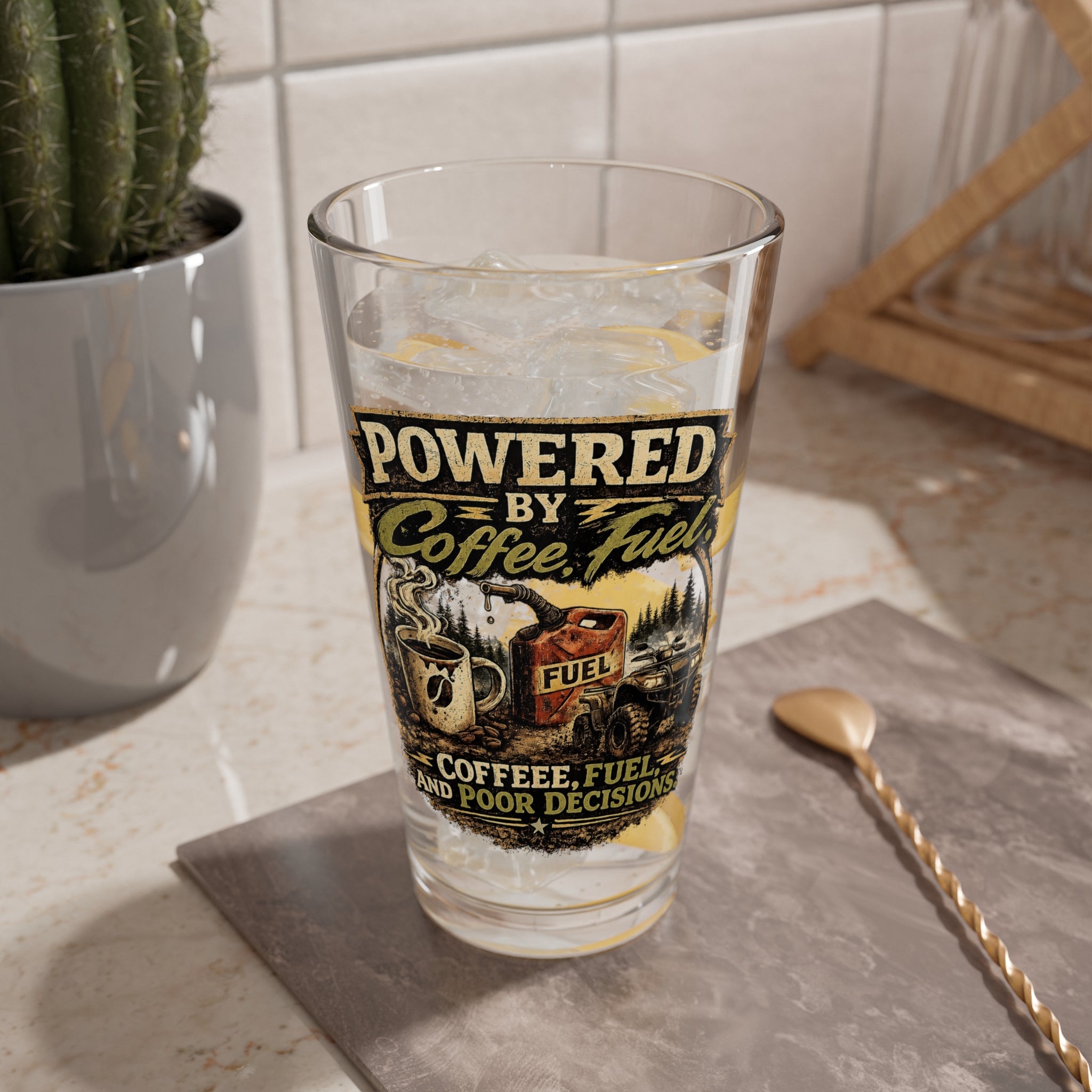 “Powered by Coffee Fuel” 16oz Beer & Cocktail Glass – Mixing Glass