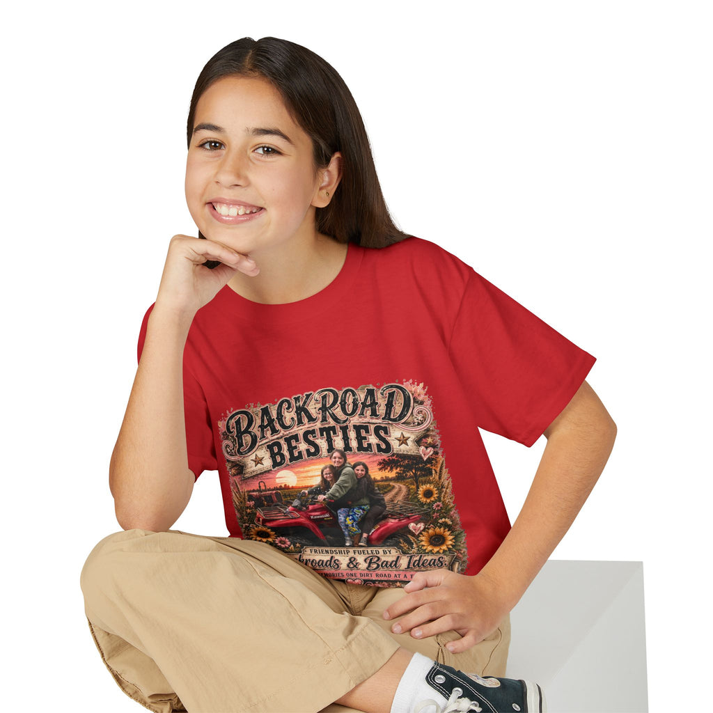 Backroad Besties Youth T‑Shirt — Vintage Tractor Sunset Kids Tee
