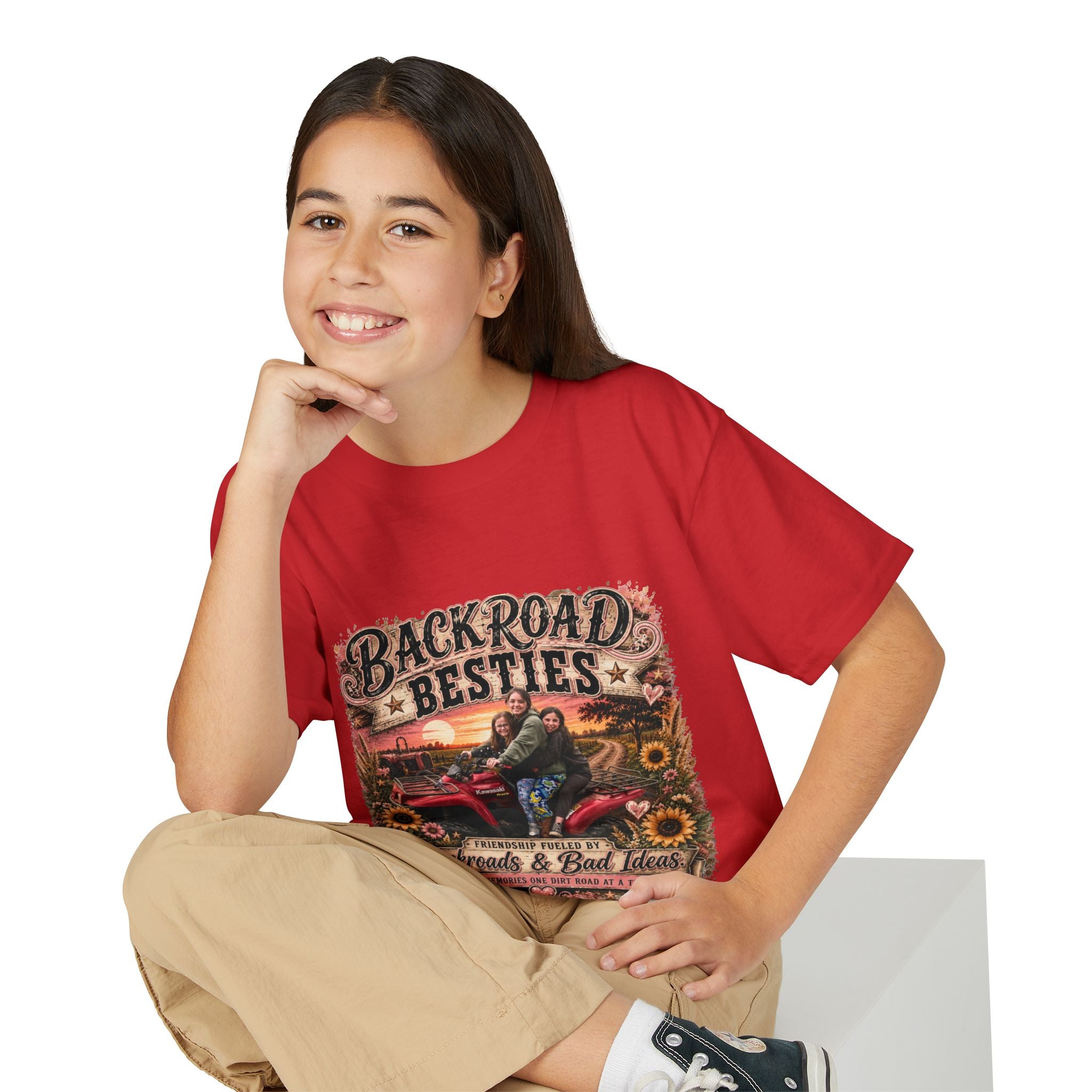 Backroad Besties Youth T‑Shirt — Vintage Tractor Sunset Kids Tee
