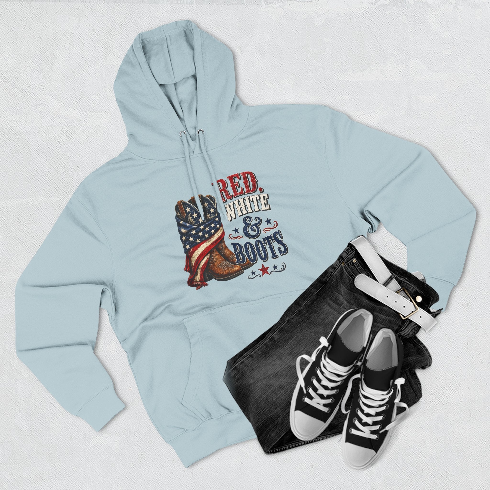 Patriotic 'Red White & Boots' Hoodie — American Flag Cowboy Boots Pullover