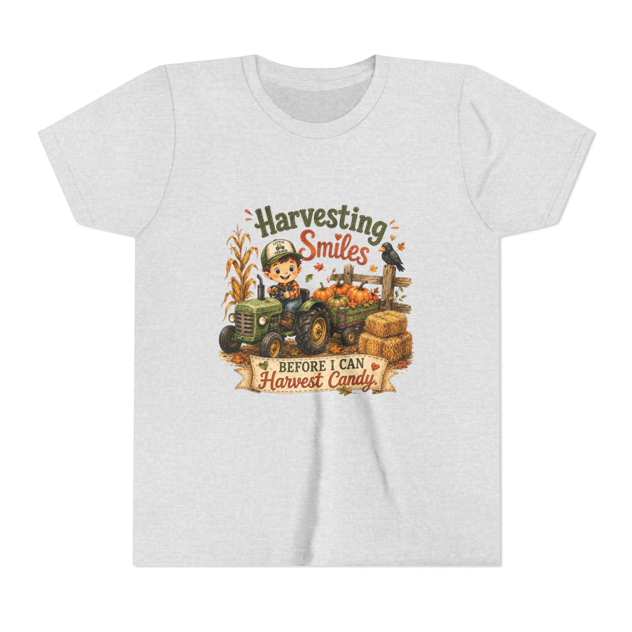 "Harvesting Smiles Before I Can Harvest Candy" Fall Tractor Halloween Kids Shirt — Youth Tee