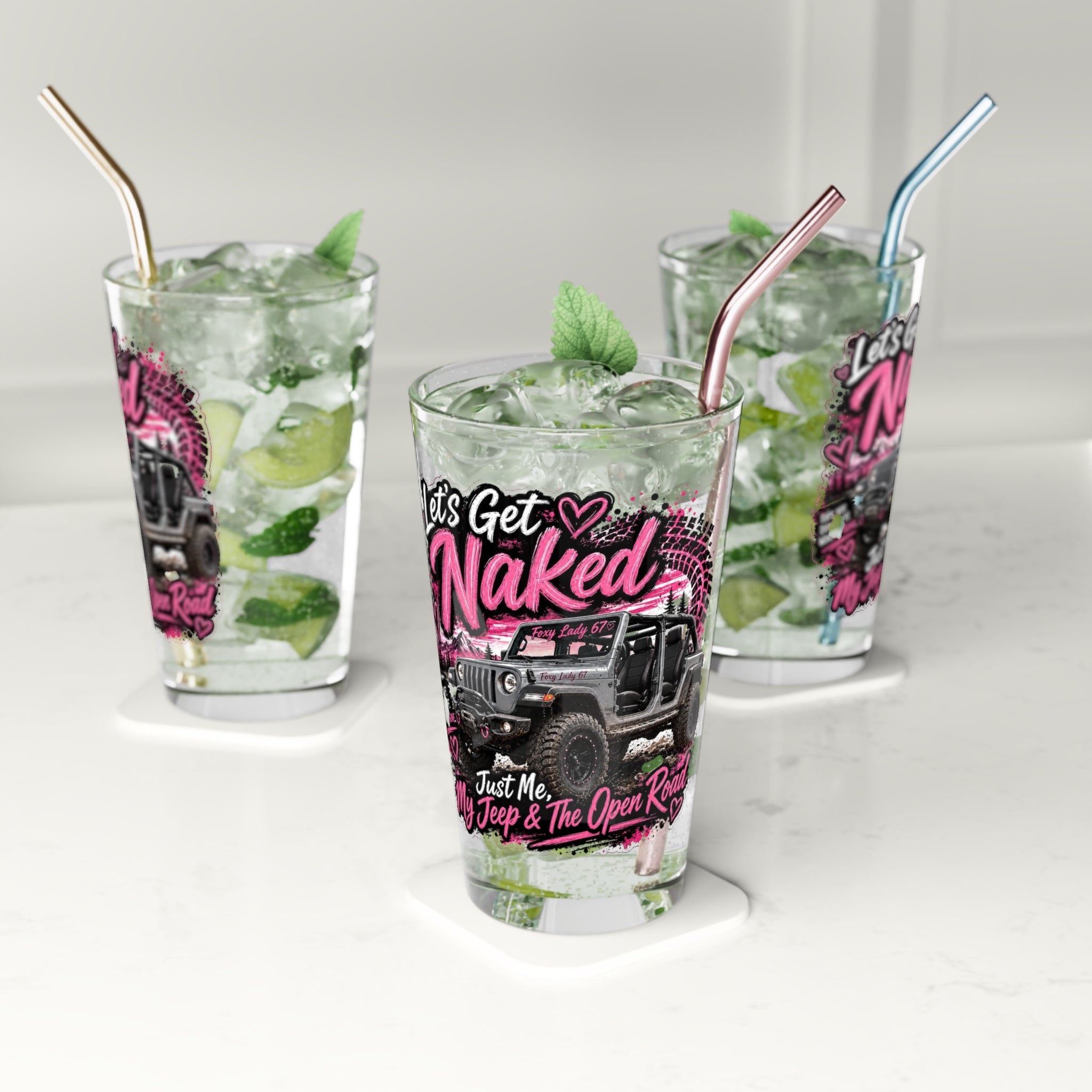 "Let's Get Naked" Jeep & Open Roof 16oz Beer Glass - Pint Glass