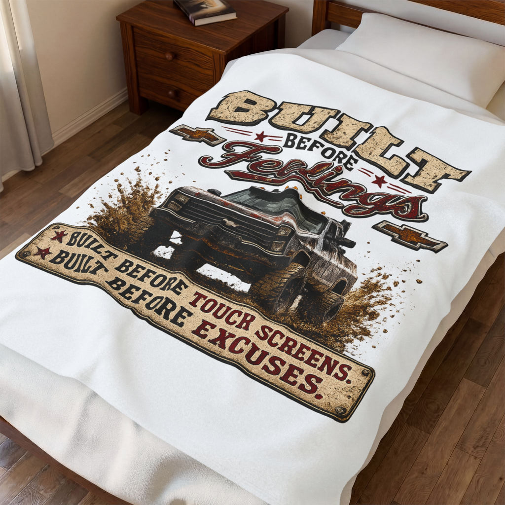 "Built Before Feelings" Vintage Truck Throw for Truck Lovers & Mechanics - Velveteen Plush Blanket