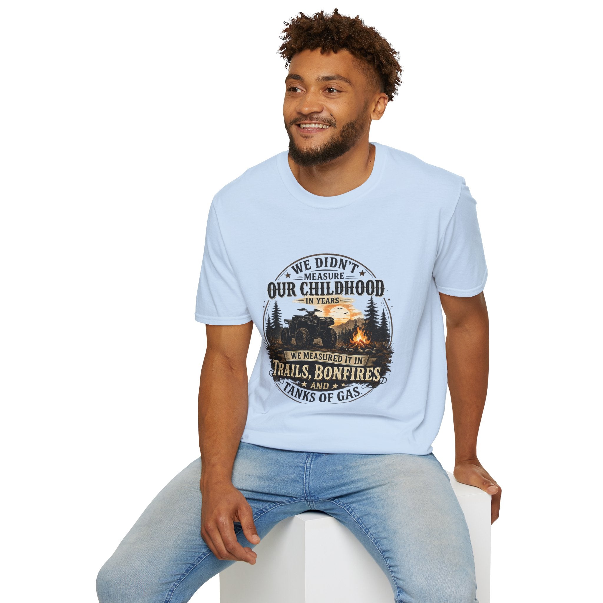 “We Didn’t Measure Our Childhood in Years” ATV Trails & Bonfires Retro Tee — T‑Shirt