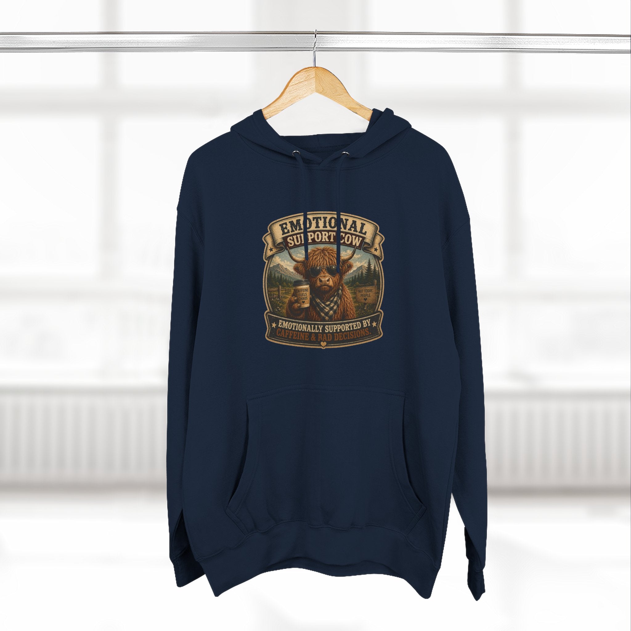 Emotional Support Cow Highland Cow - Three-Panel Fleece Hoodie