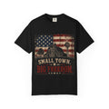 Small Town Big Freedom T-Shirt — Vintage American Flag Barn Patriotic Tee