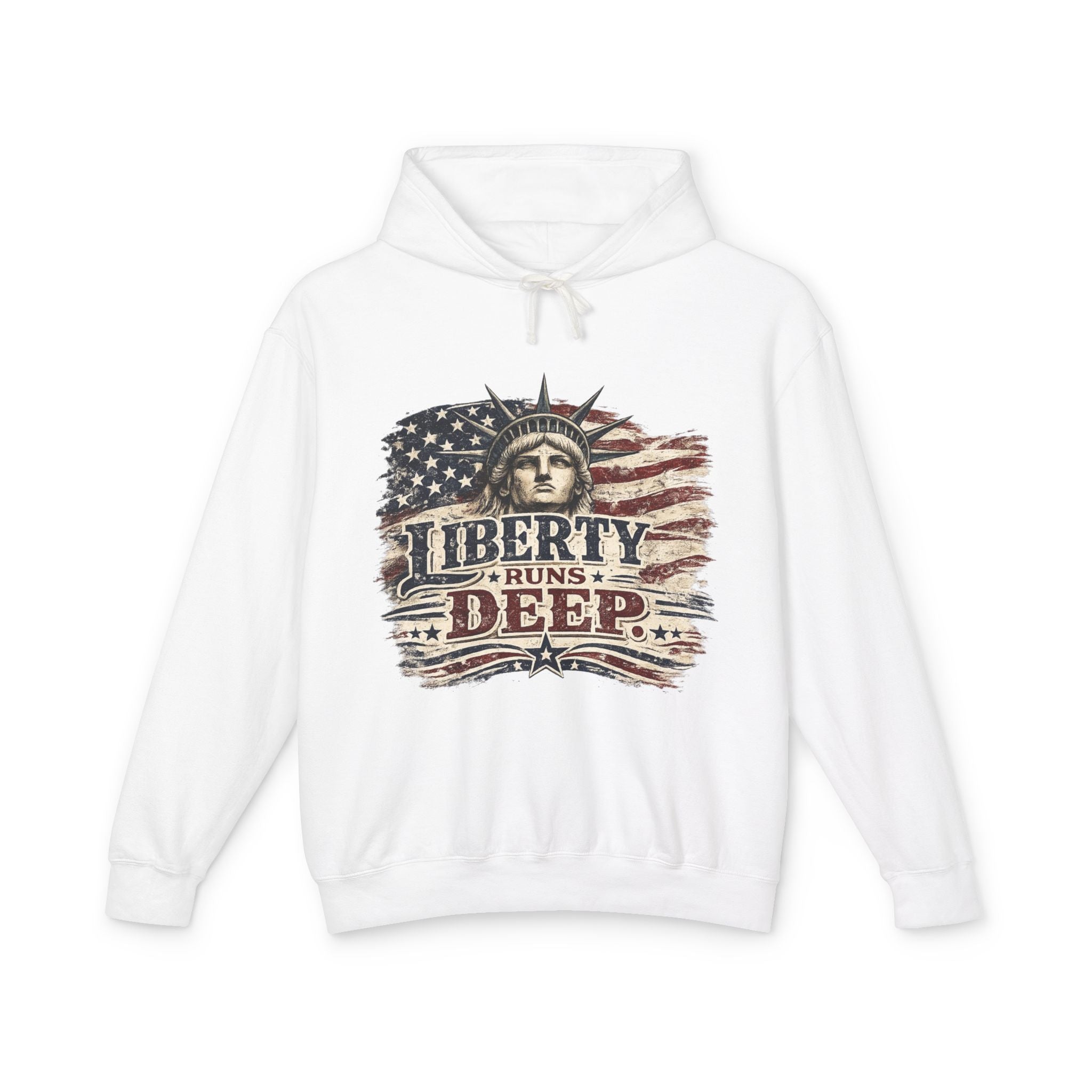 Liberty Runs Deep Hoodie — Patriotic Statue of Liberty Flag Sweatshirt