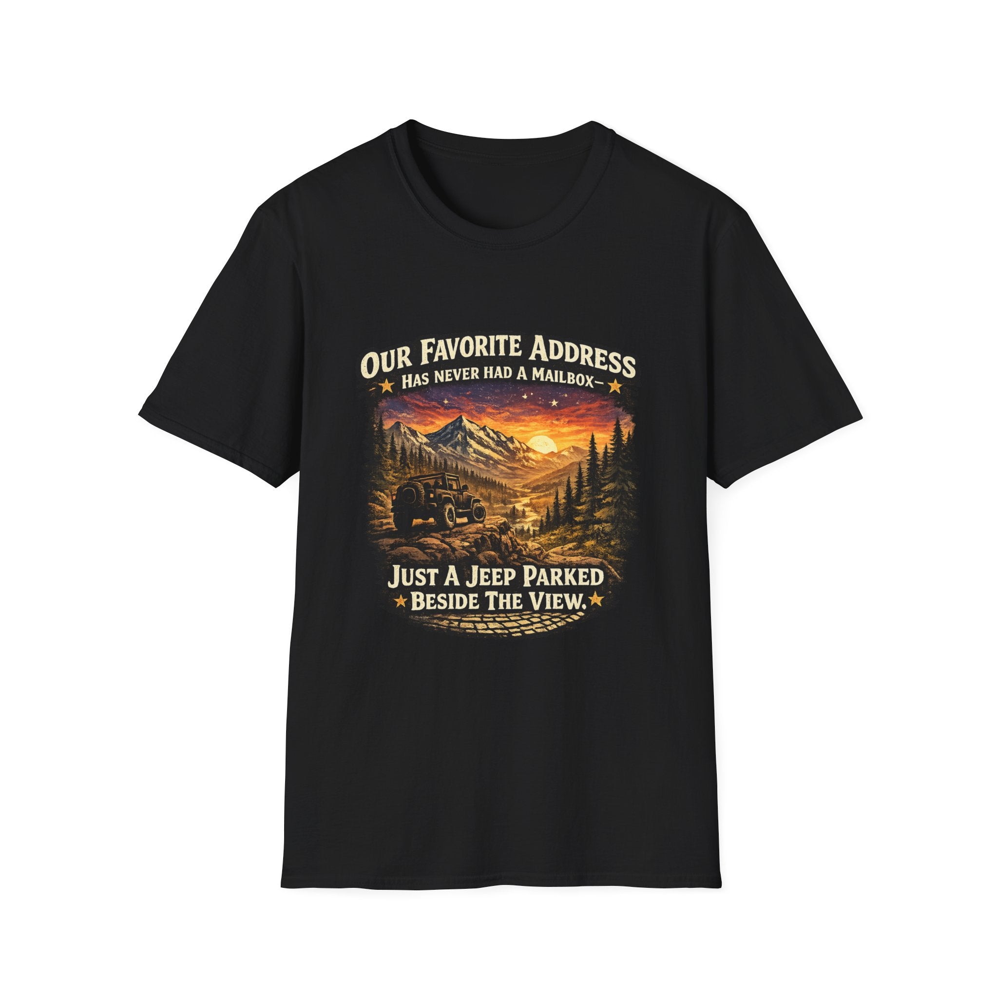 "Our Favorite Address Has Never Had a Mailbox" Scenic Mountain Camping Tee — T-Shirt