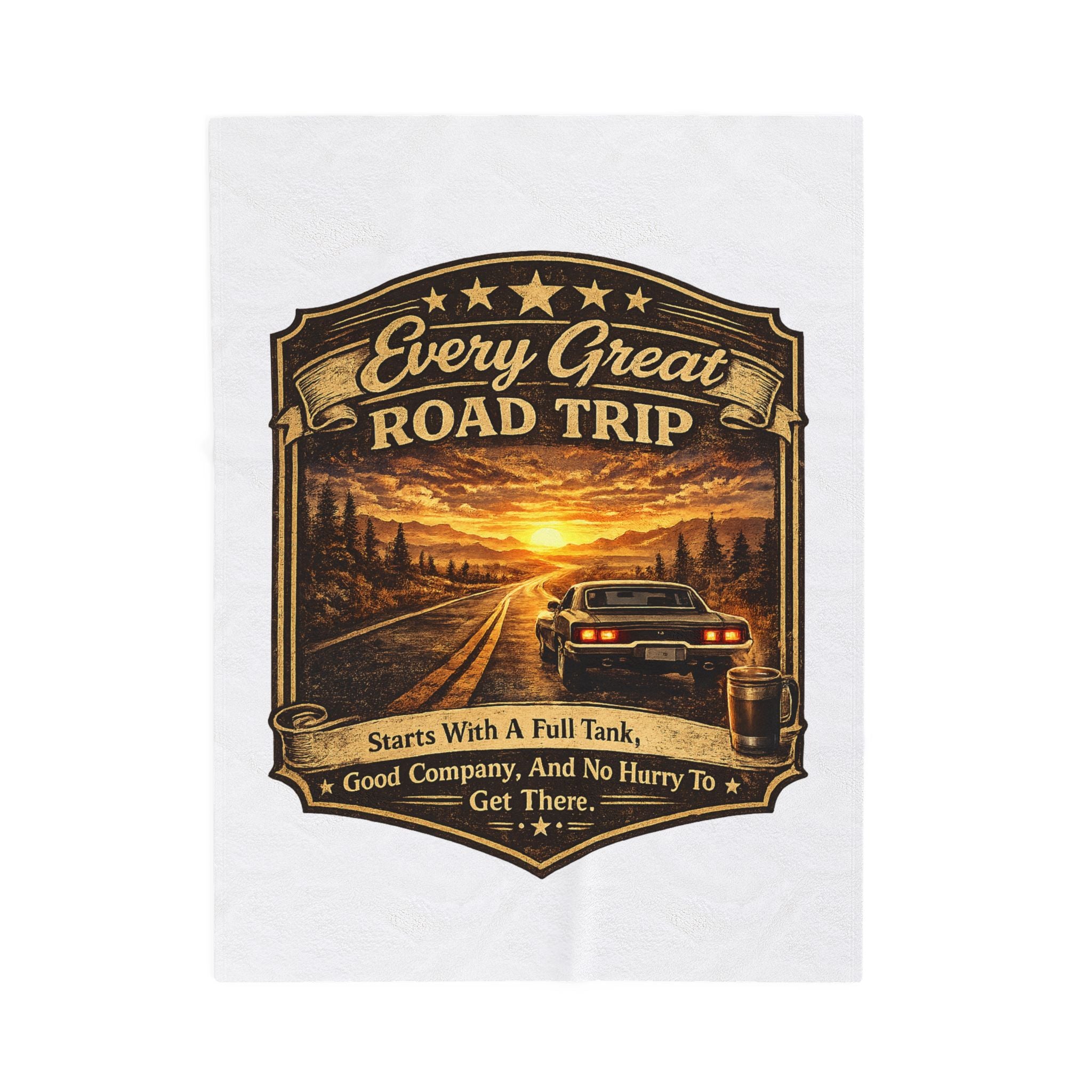 “Every Great Road Trip” Vintage Sunset Car Travel Throw — Velveteen Plush Blanket