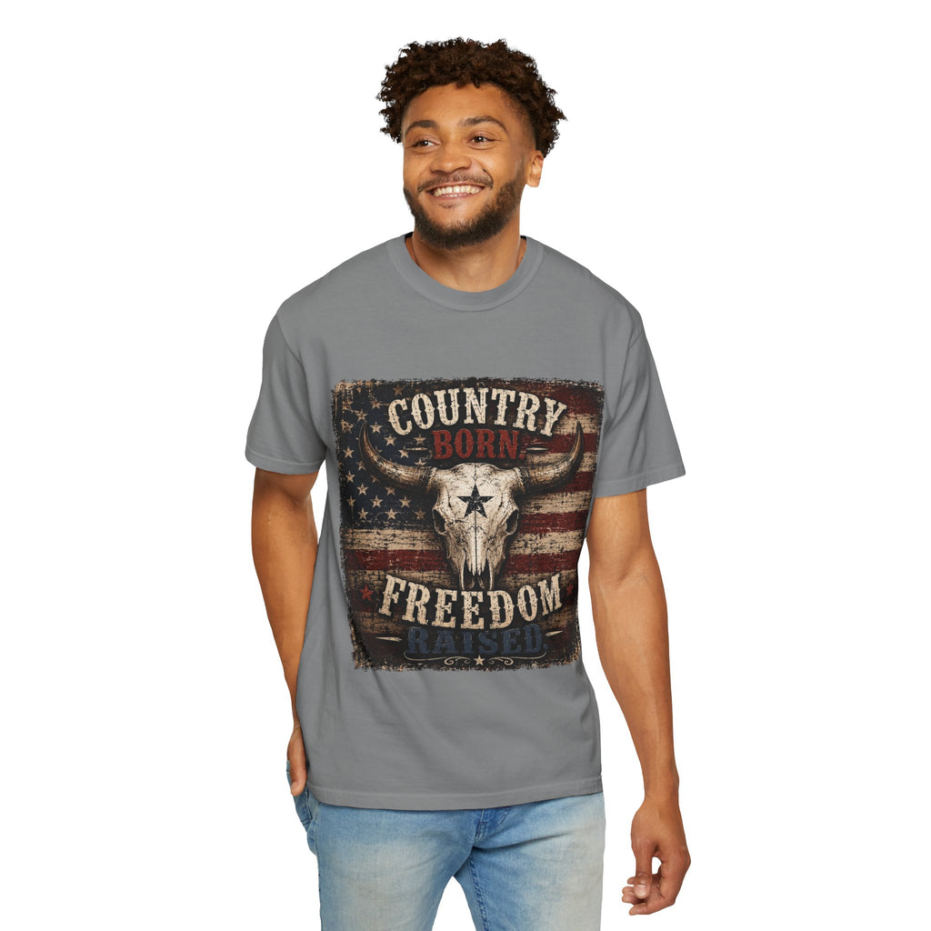 Country Born Freedom Raised T-Shirt — American Flag Steer Skull Graphic