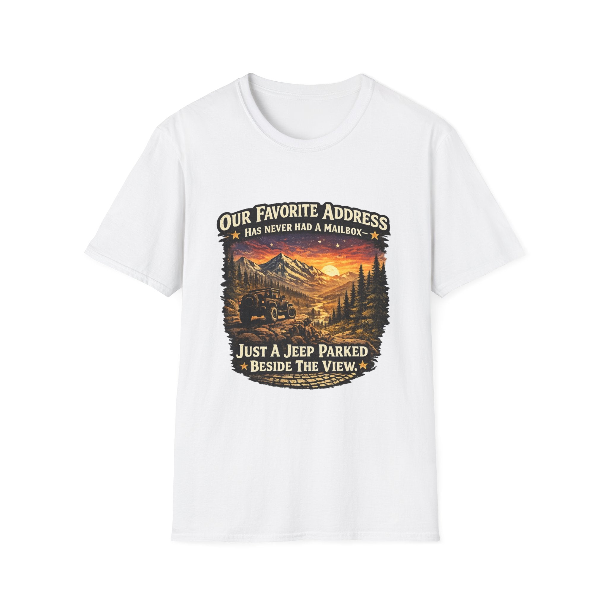 "Our Favorite Address Has Never Had a Mailbox" Scenic Mountain Camping Tee — T-Shirt