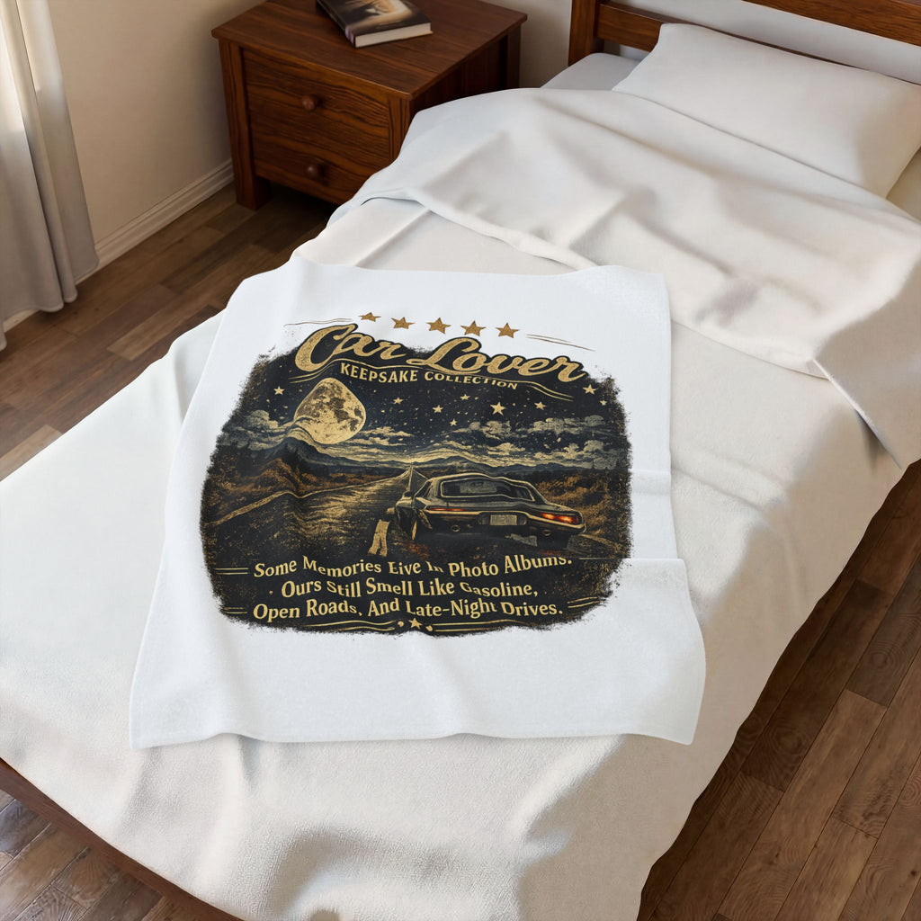 Retro Night Drive Keepsake with Full Moon & Classic Car Quote - Car Lover Velveteen Blanket