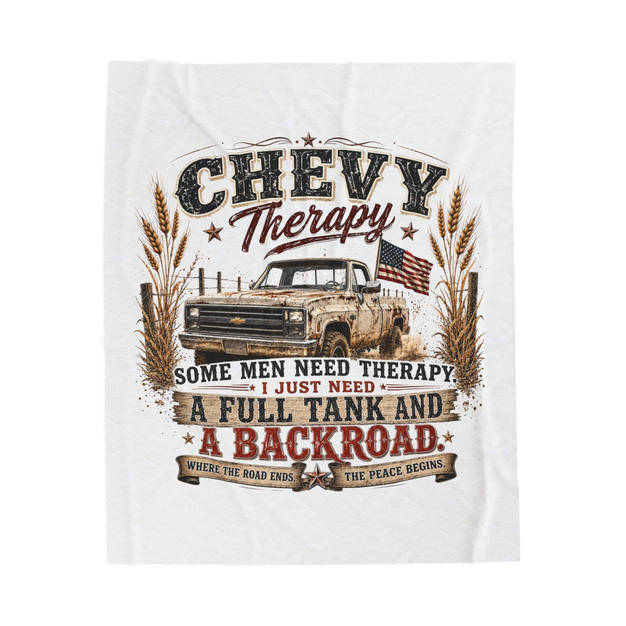 Chevy Therapy Velveteen Plush Blanket — 'Some Men Need Therapy I Just Need a Full Tank and a Backroad' Cozy Truck Lover Throw