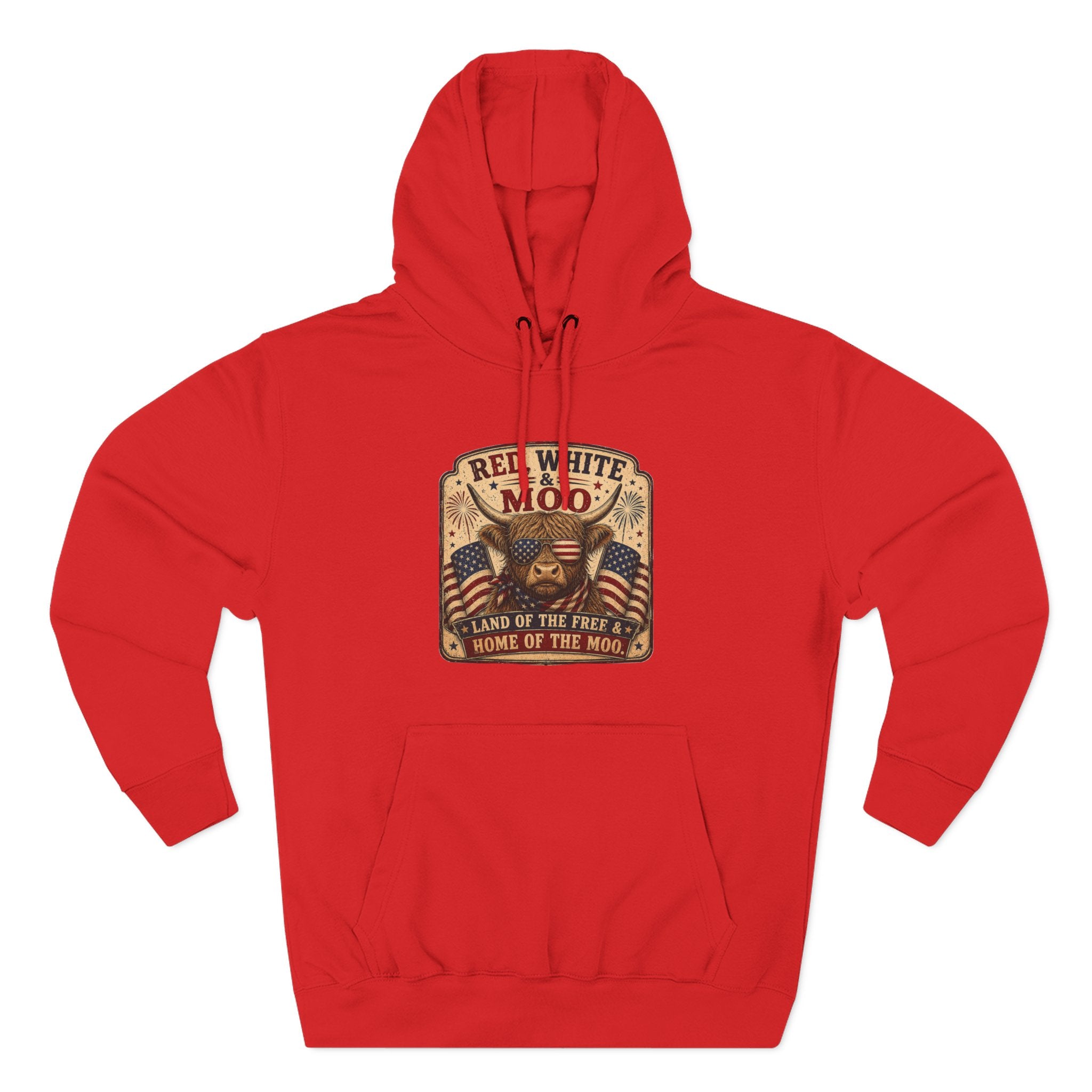 Red, White, & Moo Highland Cow Three-Panel Fleece Hoodie