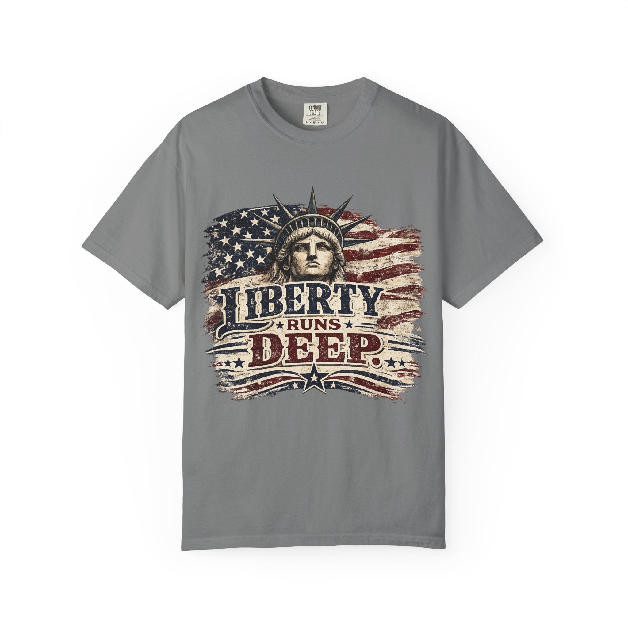 Liberty Runs Deep T-Shirt — Vintage Statue of Liberty & American Flag Graphic