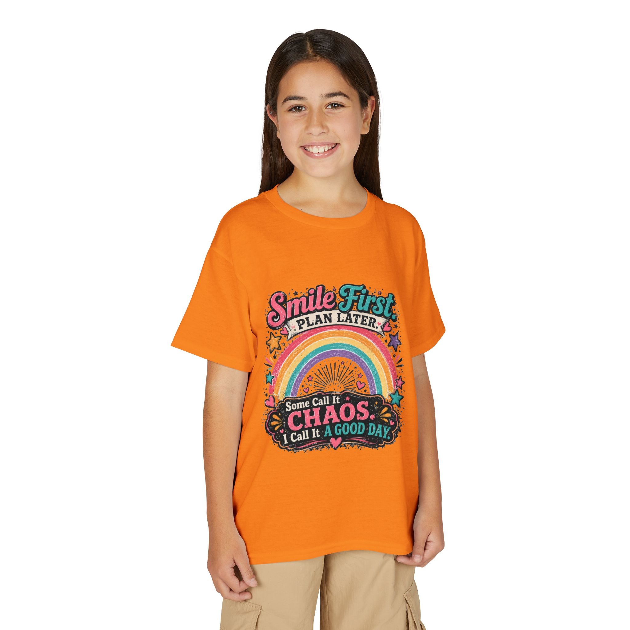 "Smile First, Plan Later" Rainbow Chaos Graphic Tee - Youth T-Shirt —