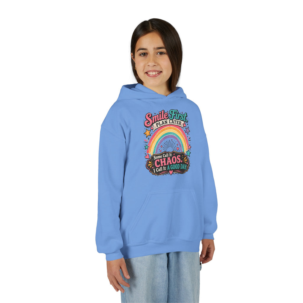 "Smile First, Plan Later" Rainbow Chaos Quote Pullover - Youth Hoodie -