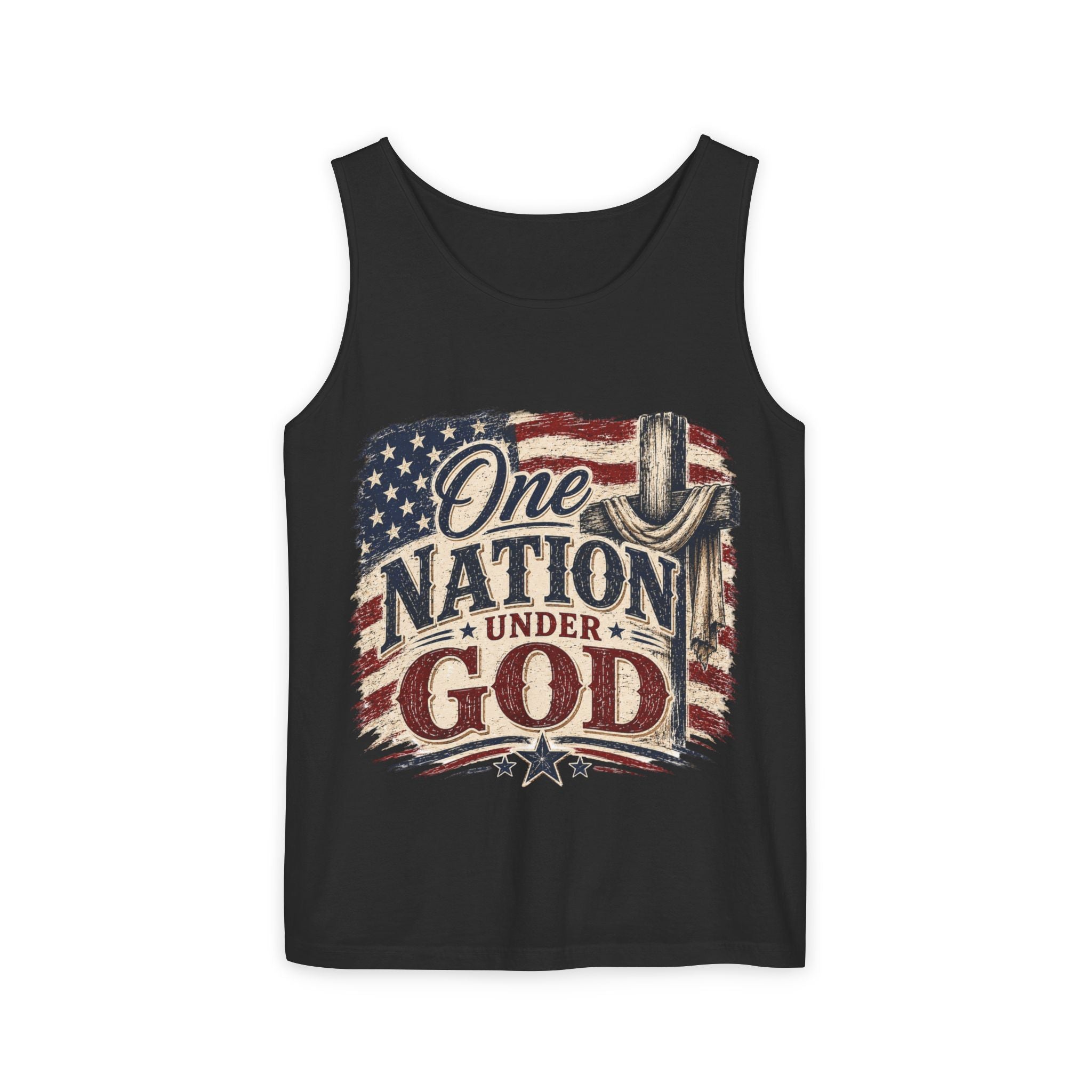 One Nation Under God Tank Top — Patriotic American Flag & Cross Sleeveless Tee