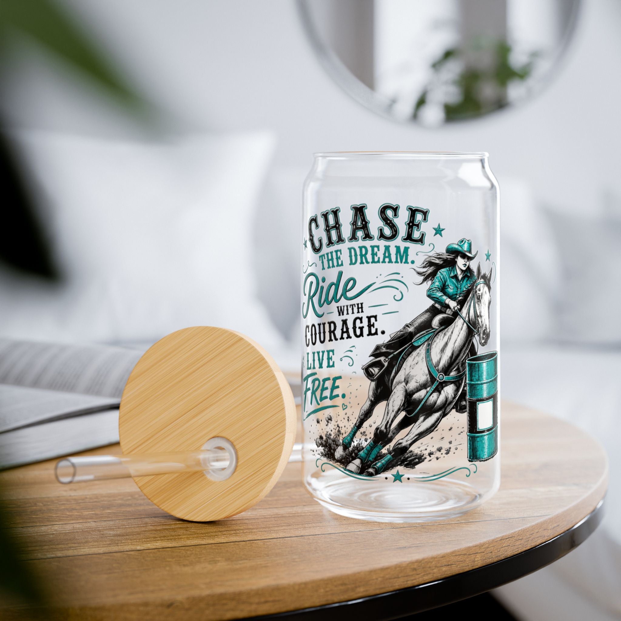 Chase the Dream Horse Teal Glass Straw Cup, 16oz