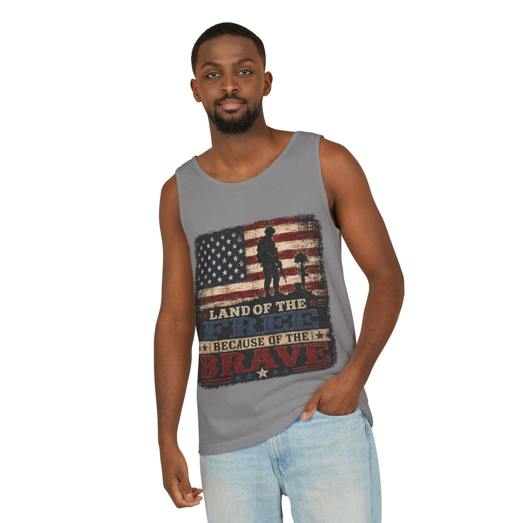 Patriotic Tank Top — "Land of the Free Because of the Brave" Military Tribute