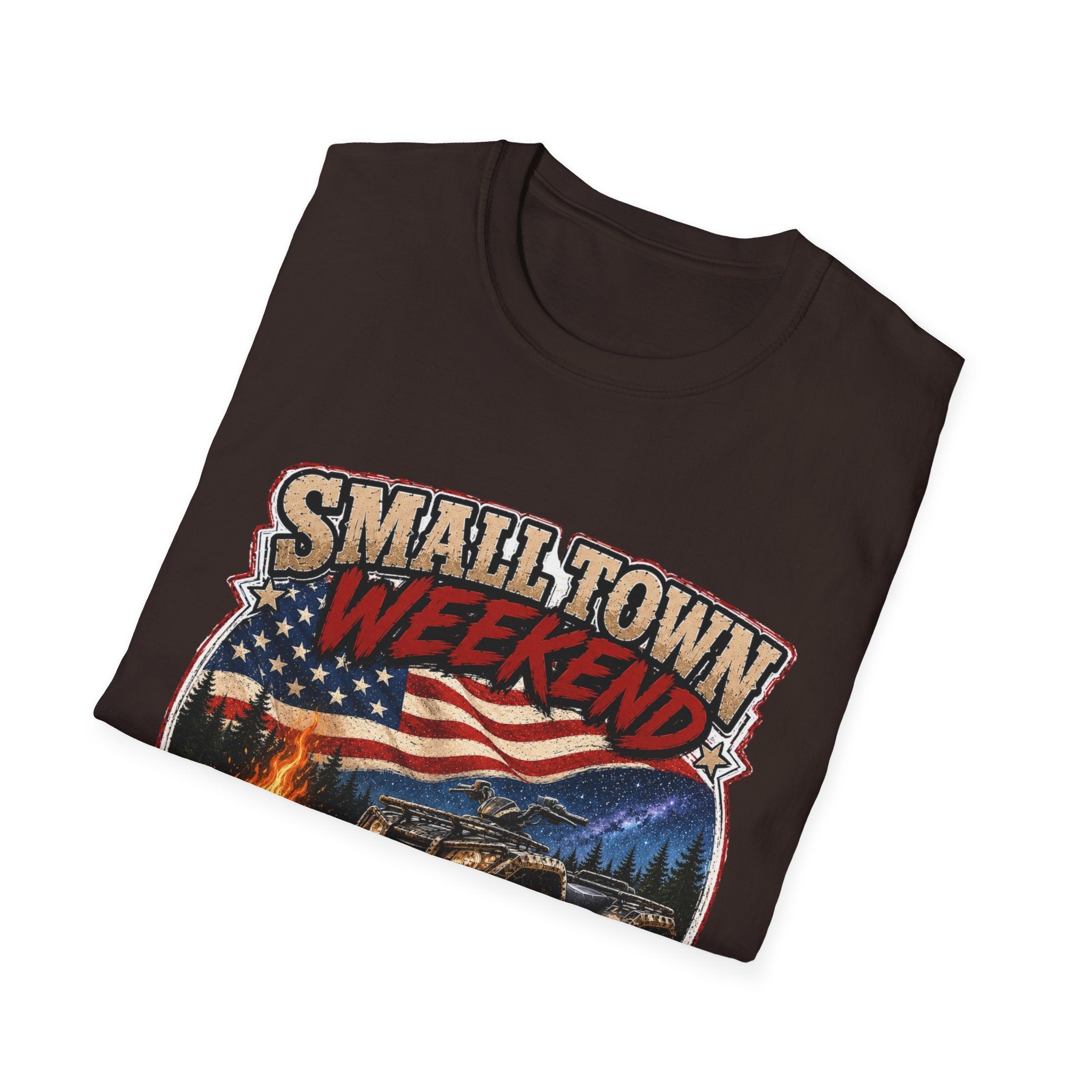 Small Town Weekend T-Shirt — Americana Flag, Bonfire & ATV Retro Graphic