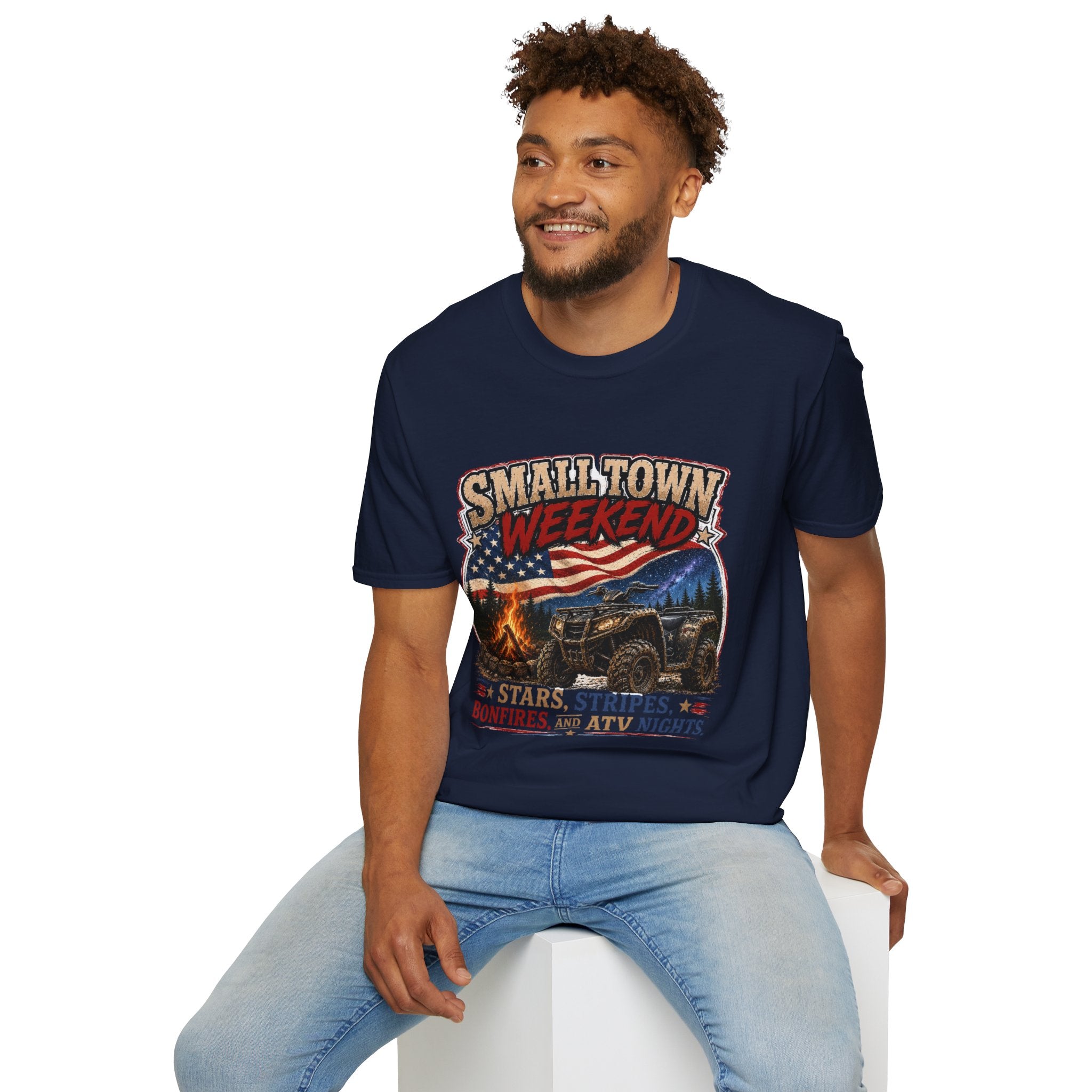 Small Town Weekend T-Shirt — Americana Flag, Bonfire & ATV Retro Graphic