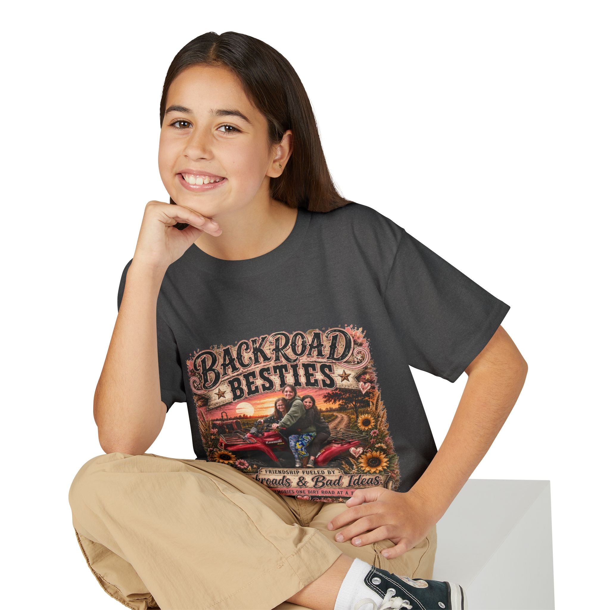 Backroad Besties Youth T‑Shirt — Vintage Tractor Sunset Kids Tee