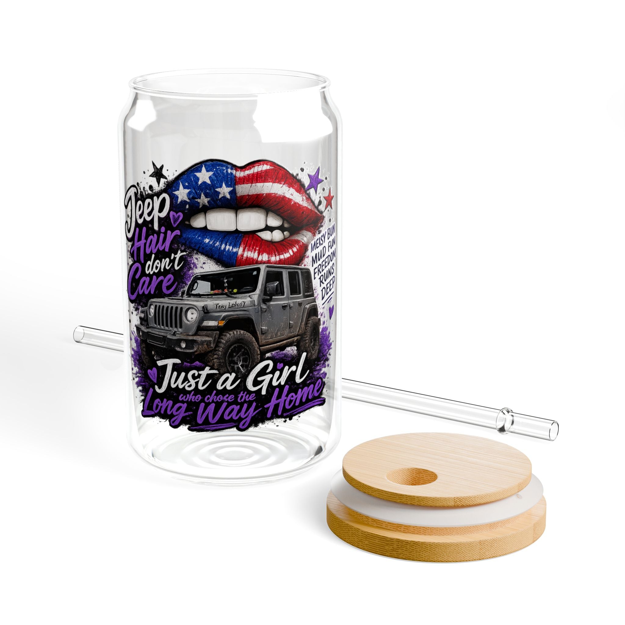 Jeep Girl 16oz Sipper Glass with American Flag Lips Design