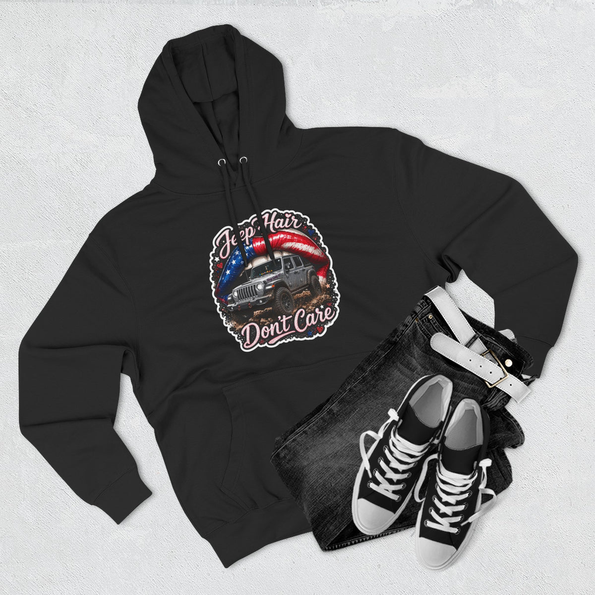 "Jeep Hair Don't Care" Graphic Fleece Pullover - Patriotic Jeep Hoodie