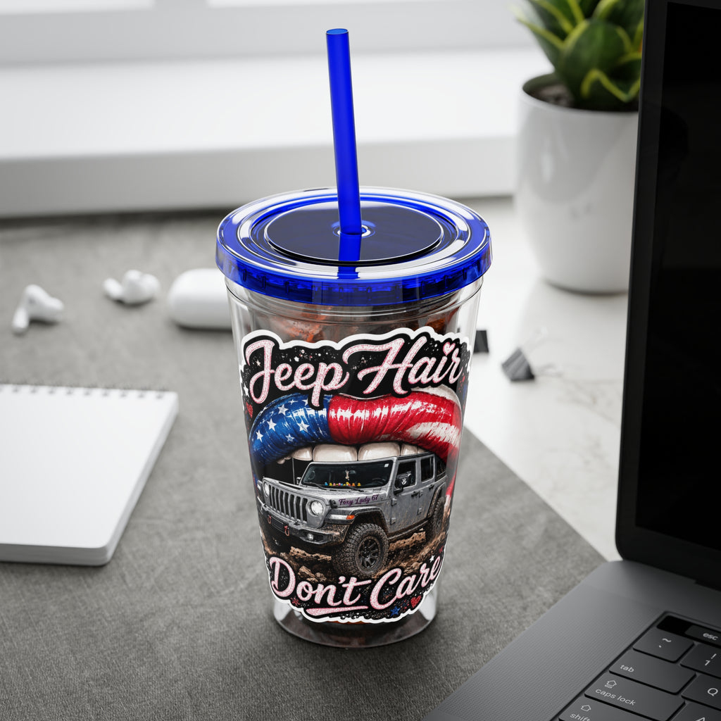 Jeep Hair Don't Care 16oz Tumbler with Straw — Patriotic Off-Road Truck Design
