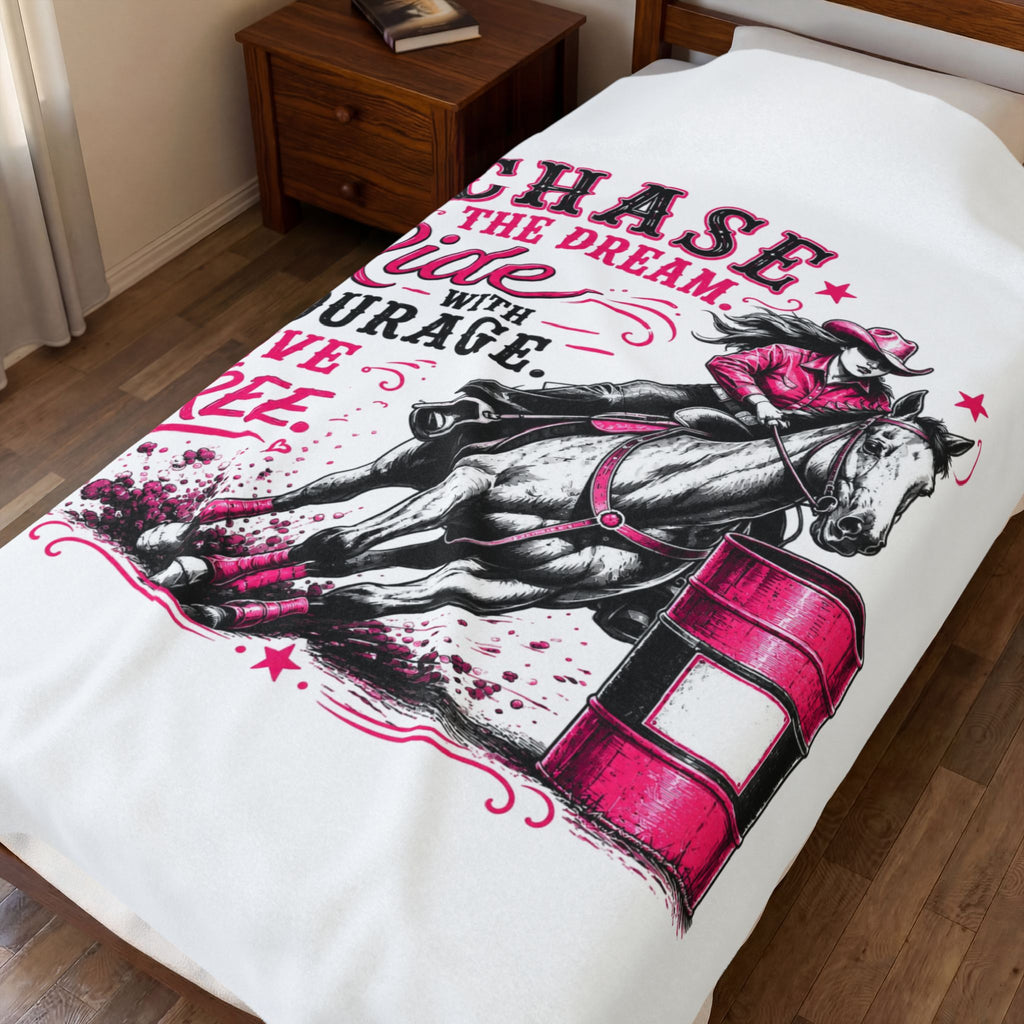 "Chase the Dream, Ride with Courage, Live Free" Barrel Racing Cowgirl Throw (Pink) — Velveteen Plush Blanket