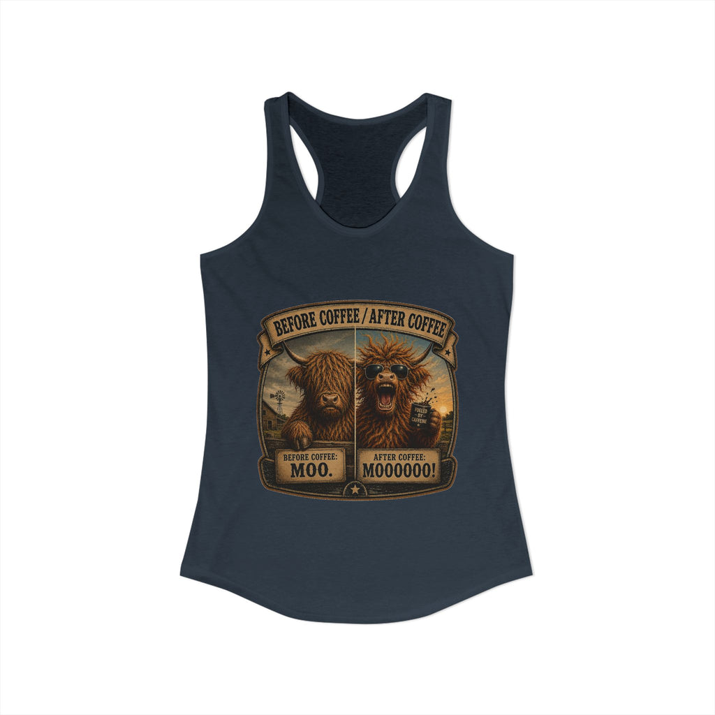 Before Coffee/After Coffee Highland Cow Women's Ideal Racerback Tank