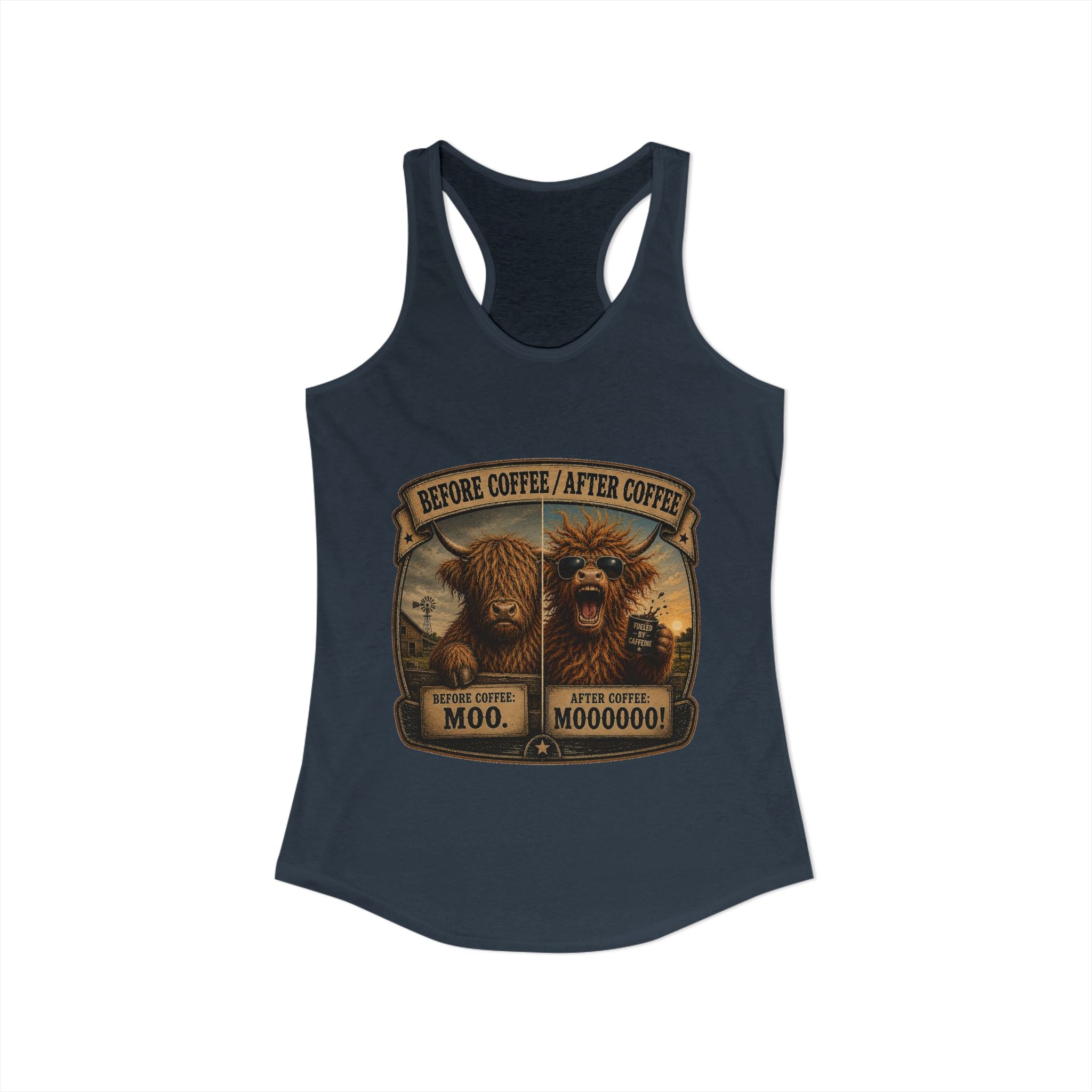 Before Coffee/After Coffee Highland Cow Women's Ideal Racerback Tank