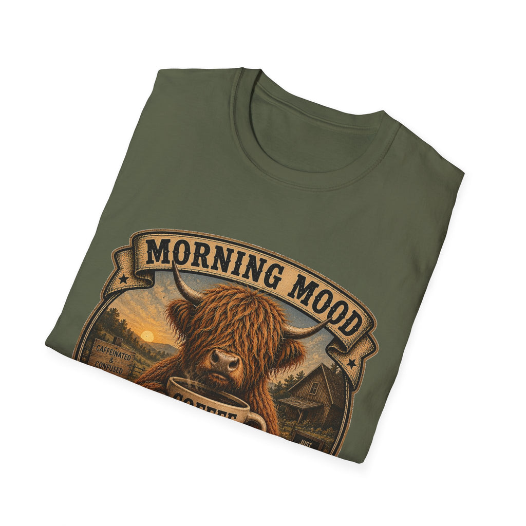 Morning Mood Moo First Questions Later Highland Cow Unisex Softstyle T-Shirt