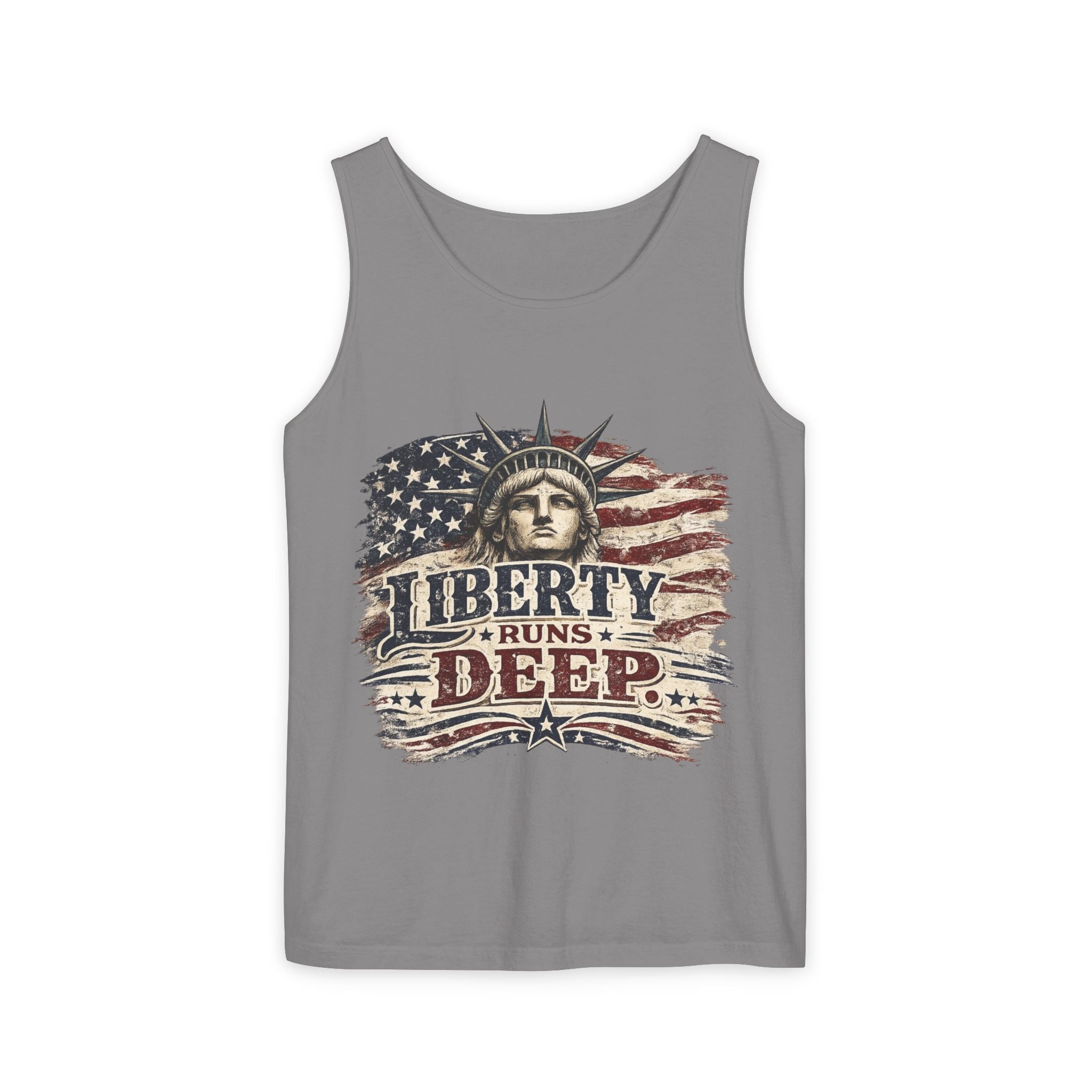 Liberty Runs Deep Tank Top — American Flag & Statue of Liberty Patriotic Shirt for 4th of July
