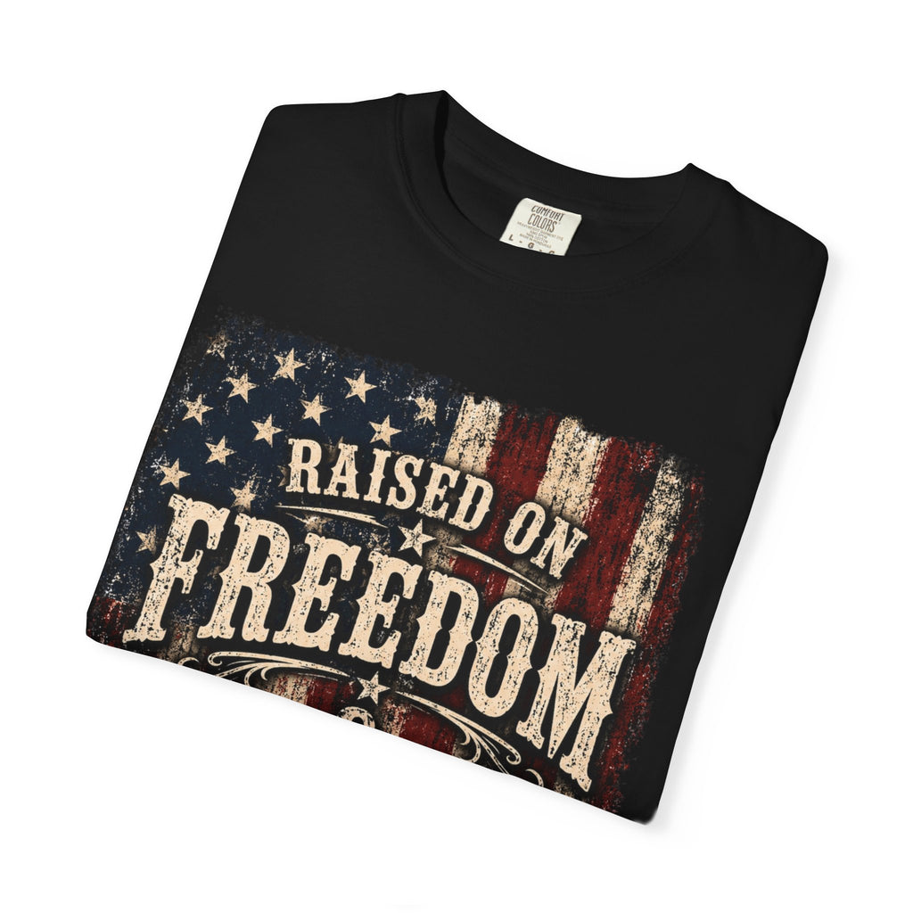 Raised on Freedom & Fueled by Grit T-Shirt — Patriotic Vintage American Flag Tee