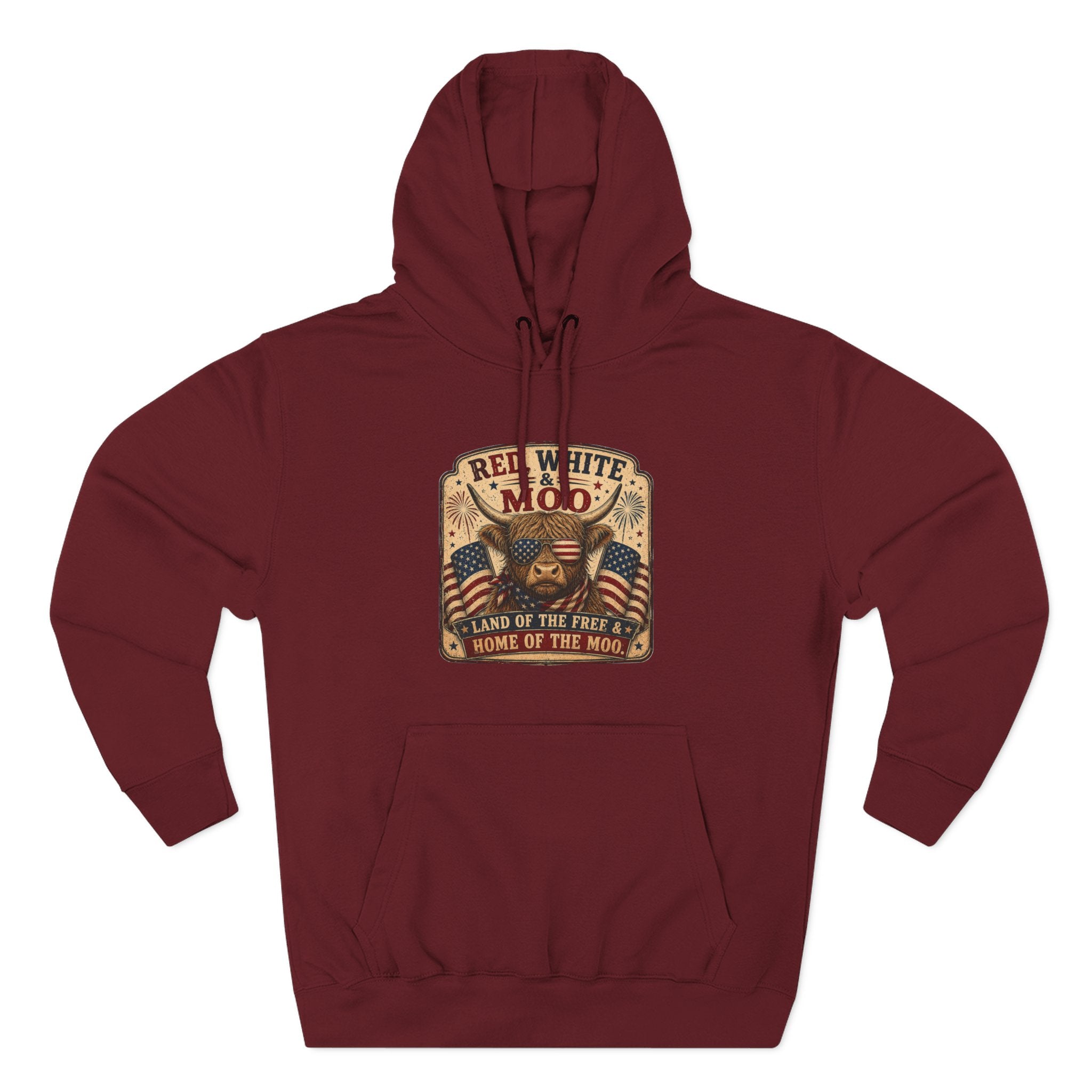 Red, White, & Moo Highland Cow Three-Panel Fleece Hoodie