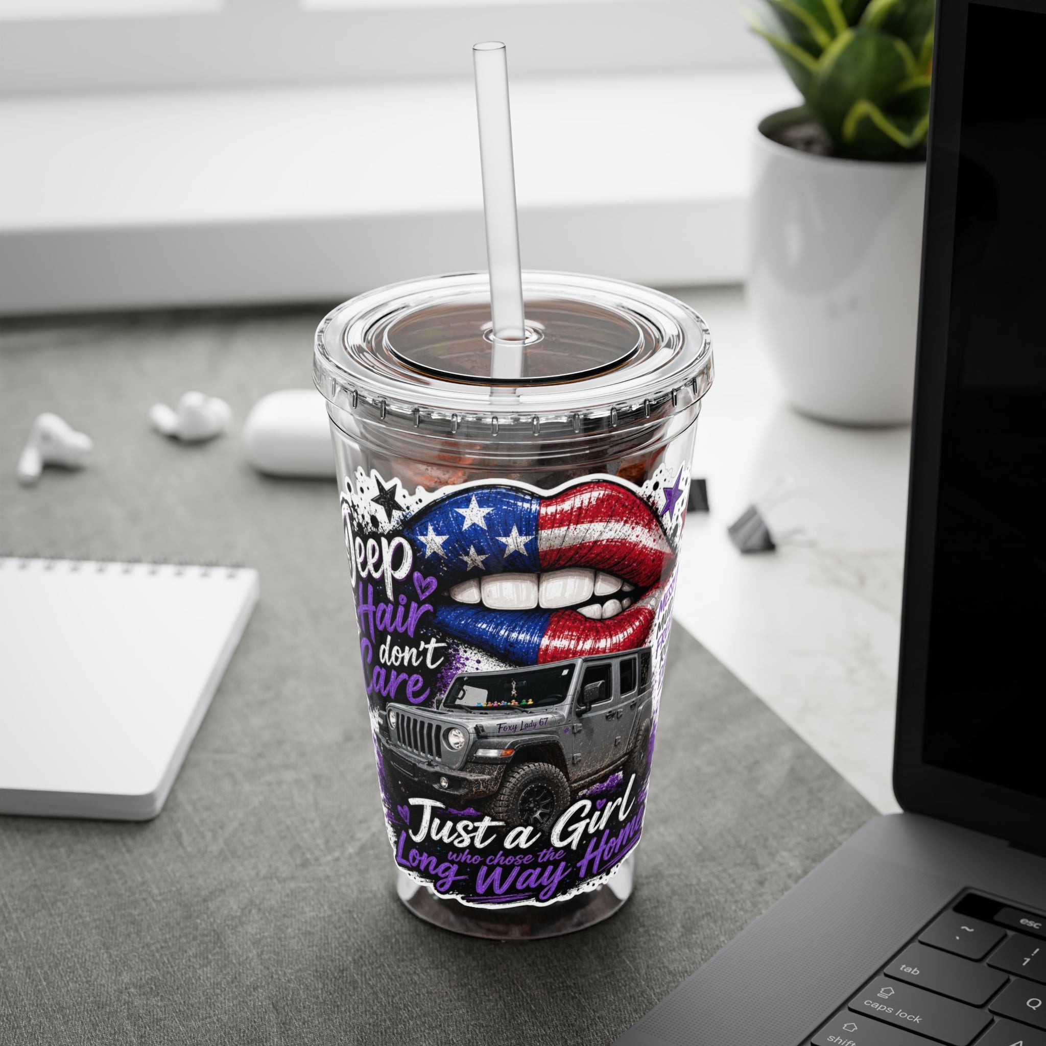 "Jeep Hair Don't Care" Patriotic Lips Design — 16oz Sunsplash Tumbler with Straw