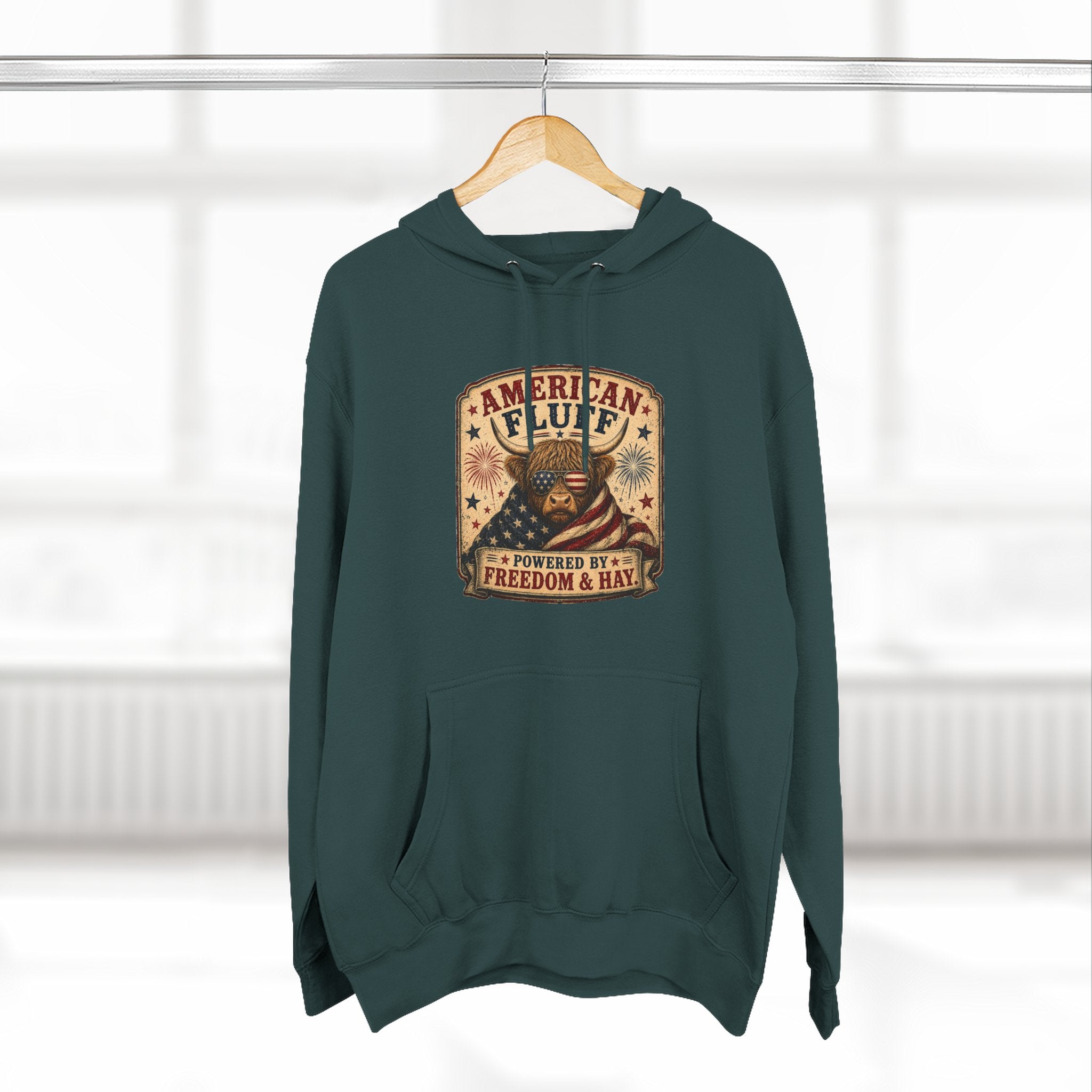 American Fluff Highland Cow Three-Panel Fleece Hoodie