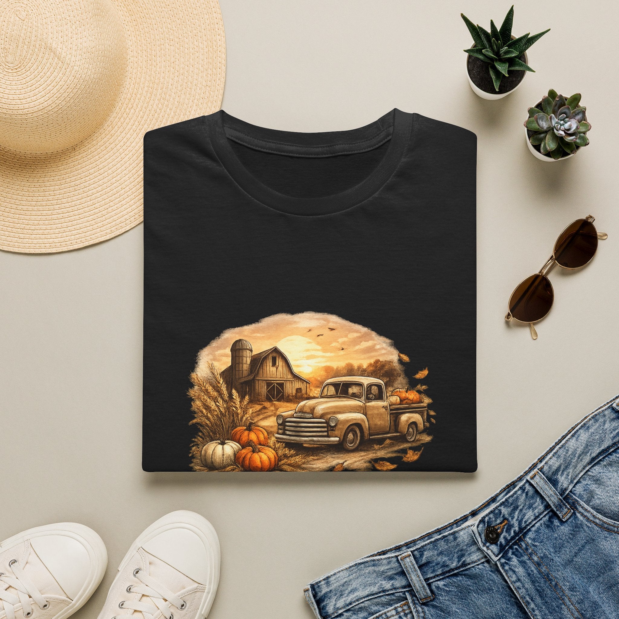 'Sunsets, Sweaters, and Dirt Roads' Vintage Autumn Tee — Fall Farm Truck T‑Shirt