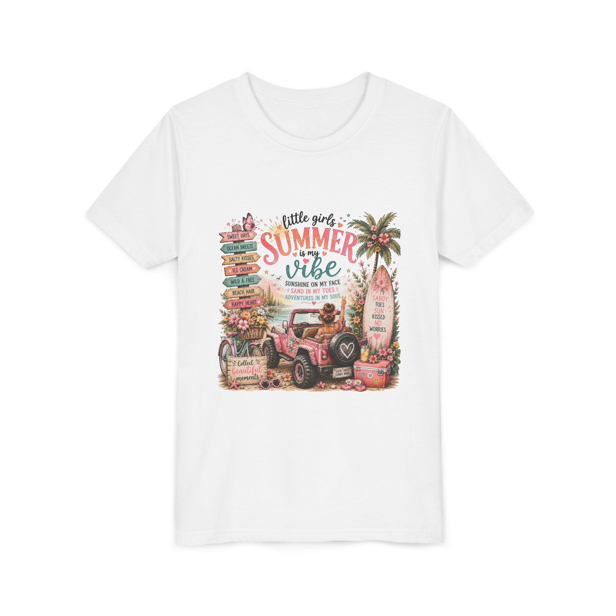 "Little Girls Summer Vibe" Tropical Jeep Surfboard Beach Graphic - Youth Tee