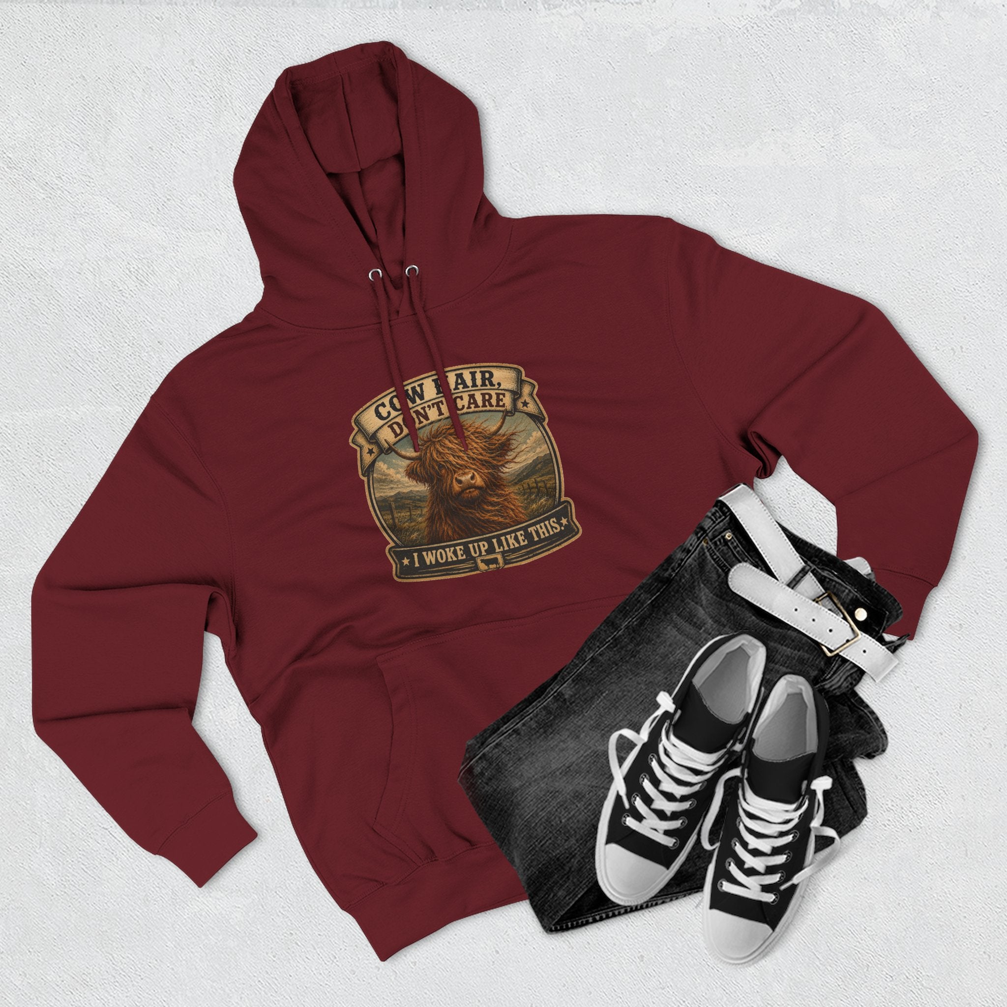 Cow Hair Don't Care Highland Cow - Three-Panel Fleece Hoodie
