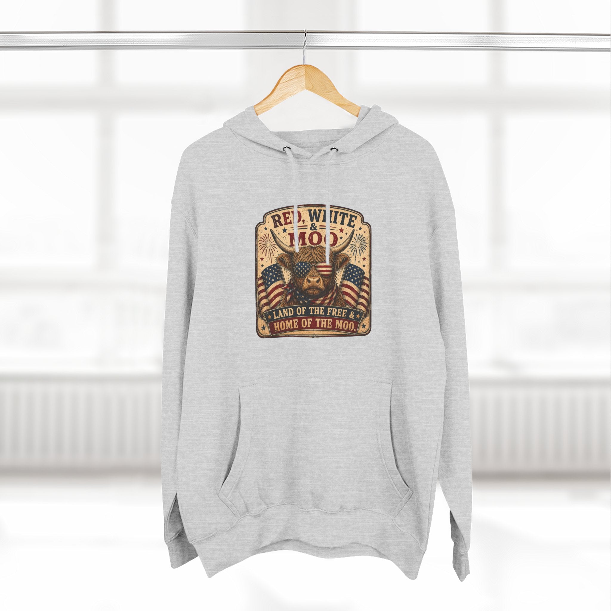Red, White, & Moo Highland Cow Three-Panel Fleece Hoodie
