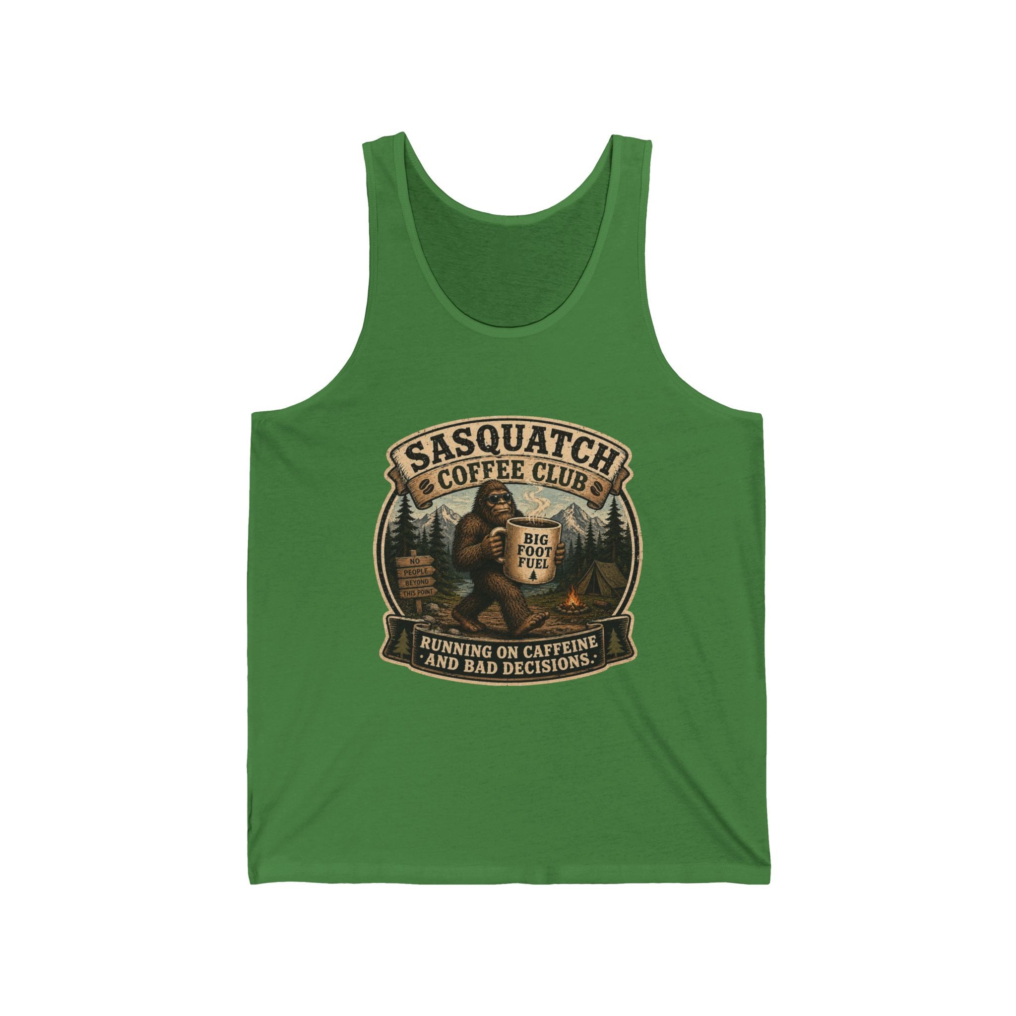 Sasquatch Coffee Club Tank Top — 'Running on Caffeine and Bad Decisions' Graphic Tank